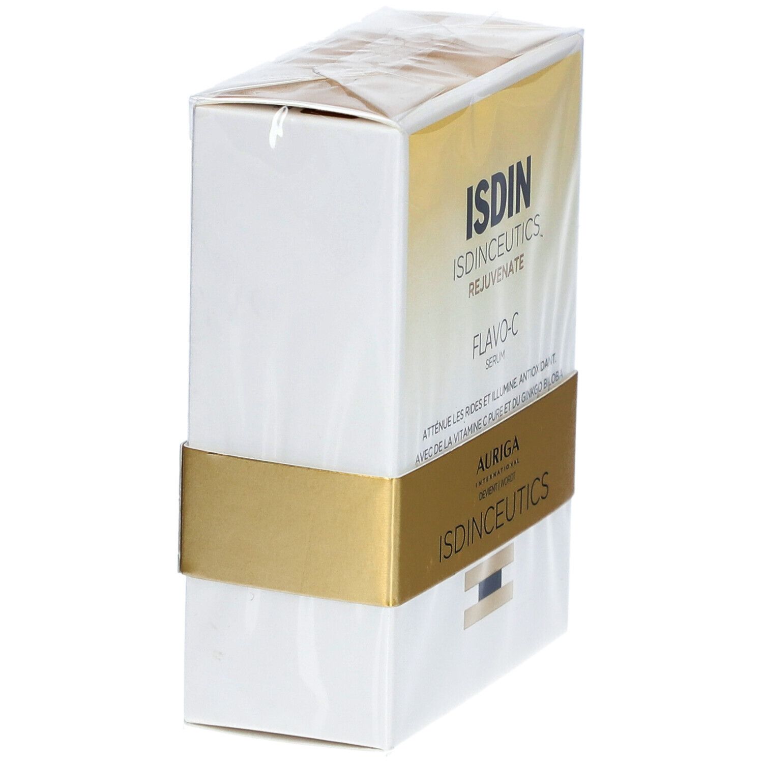 Boîte blanche avec nom de produit ISDIN ISDINCEUTICS Flavo-C. Bande dorée avec texte. Emballage plastique transparent.