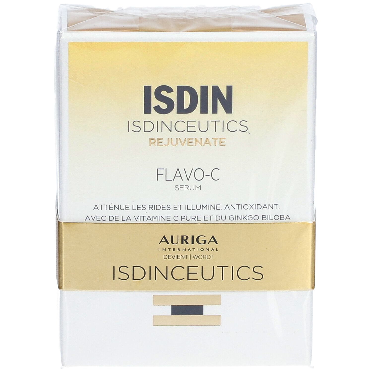Boîte blanche avec nom de produit ISDIN ISDINCEUTICS Flavo-C. Bande dorée avec texte. Emballage plastique transparent.