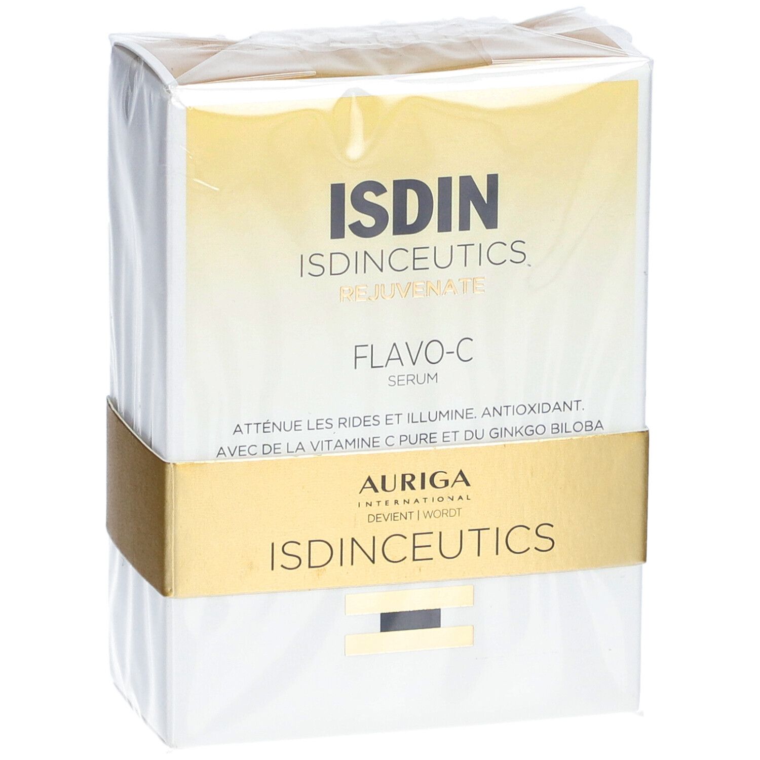 Boîte blanche avec nom de produit ISDIN ISDINCEUTICS Flavo-C. Bande dorée avec texte. Emballage plastique transparent.
