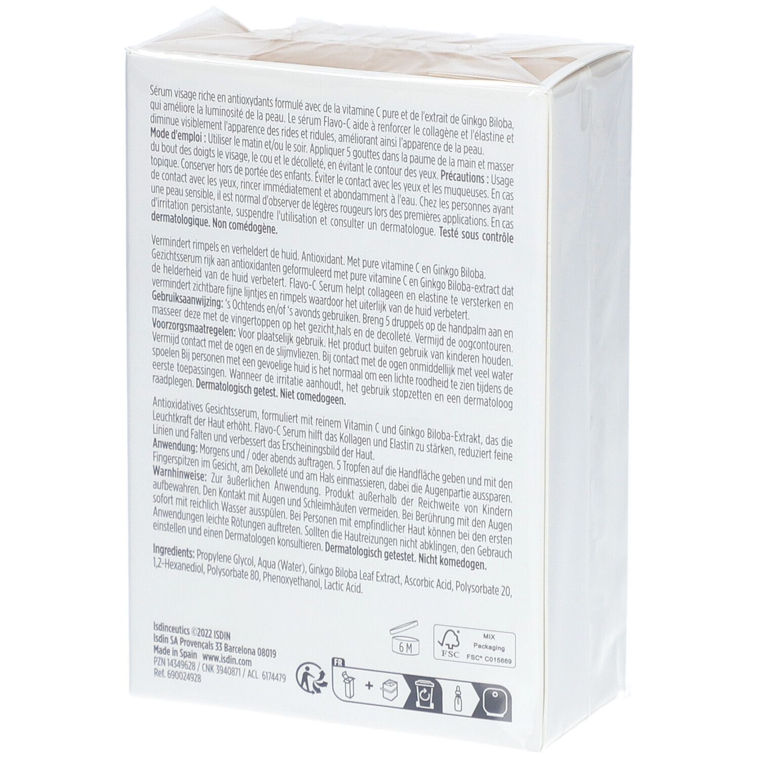 Dos de l'emballage du sérum ISDINCEUTICS Flavo-C. Texte multilingue. Ingrédients et avertissements.
