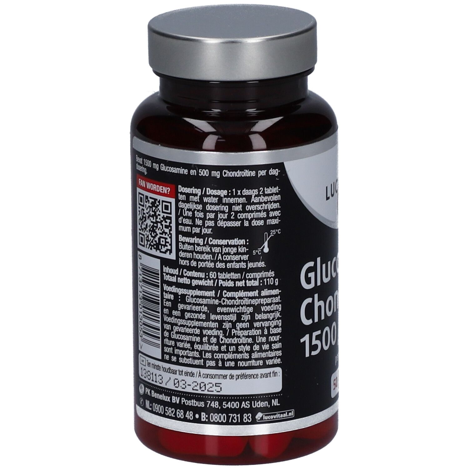 Rückseite der Flasche mit Text. QR-Code und Informationen zur Dosierung. Mindesthaltbarkeitsdatum: 03-2025.