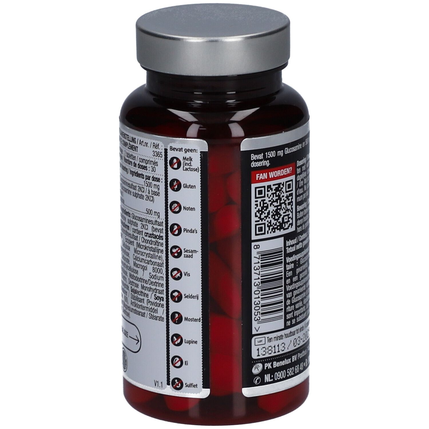 Rückseite der Flasche mit Text. Auflistung der Inhaltsstoffe und Allergene. Enthält Gluten, Soja, Senf.