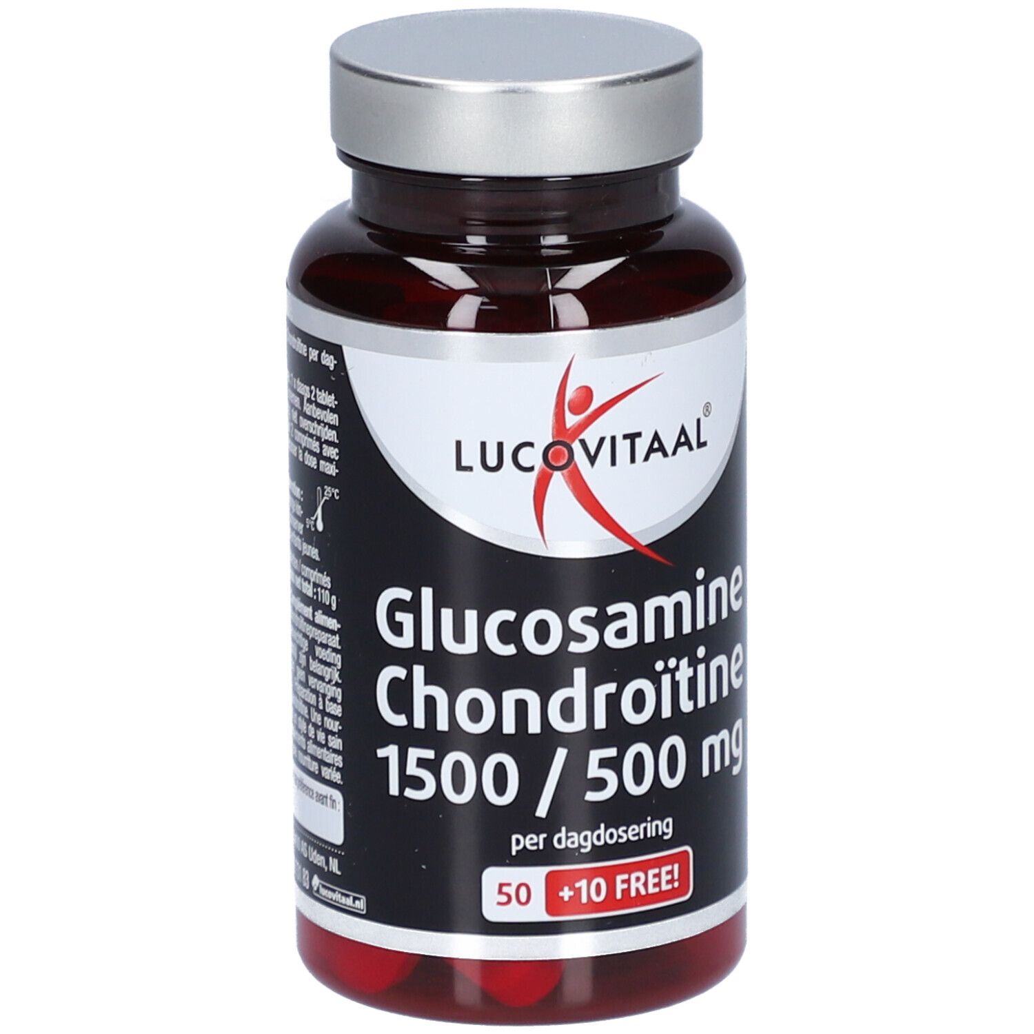 Braune Flasche mit silbernem Deckel. Aufschrift: Lucovitaal, Glucosamine Chondroïtine 1500/500 mg. 50 + 10 Tabletten.