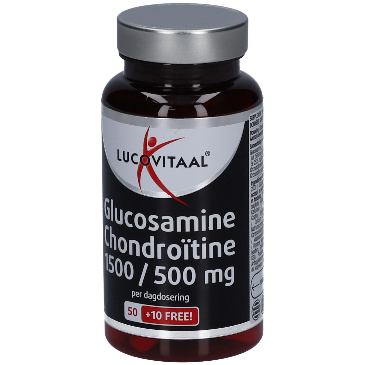 Braune Flasche mit silbernem Deckel. Aufschrift: Lucovitaal, Glucosamine Chondroïtine 1500/500 mg. 50 + 10 Tabletten.