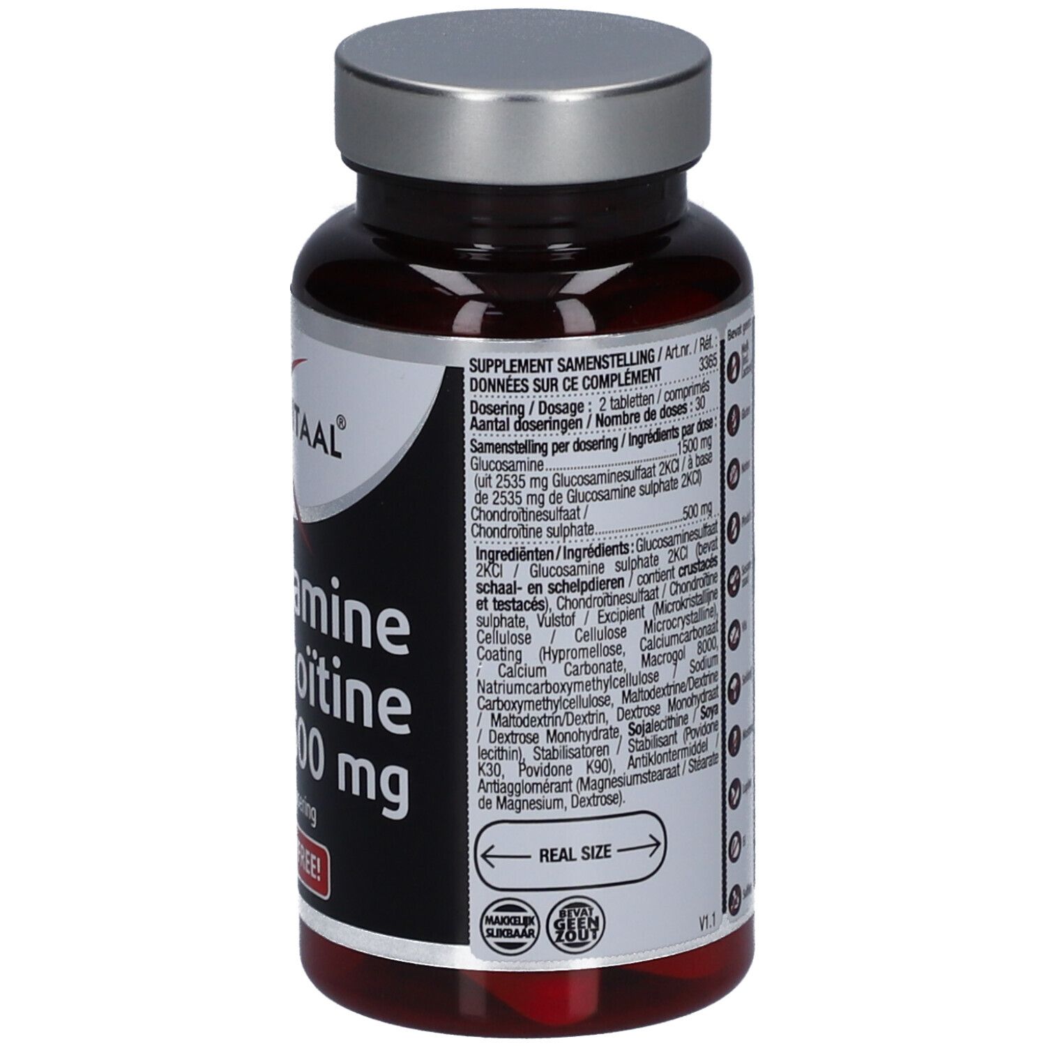 Rückseite der Flasche mit Text. Informationen zu den Inhaltsstoffen und Dosierung. Mit Größenangabe.