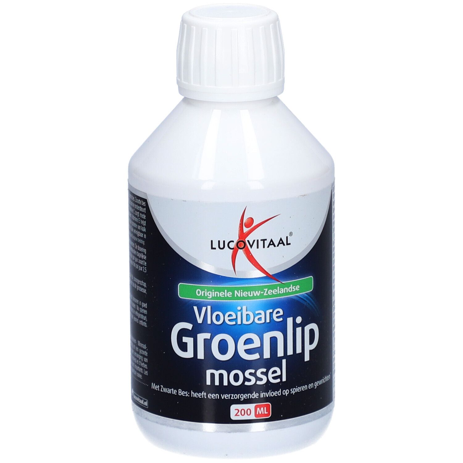 Bouteille blanche avec étiquette verte. Contient Lucovitaal® Vloeibare Groenlipmossel. 200 ml.