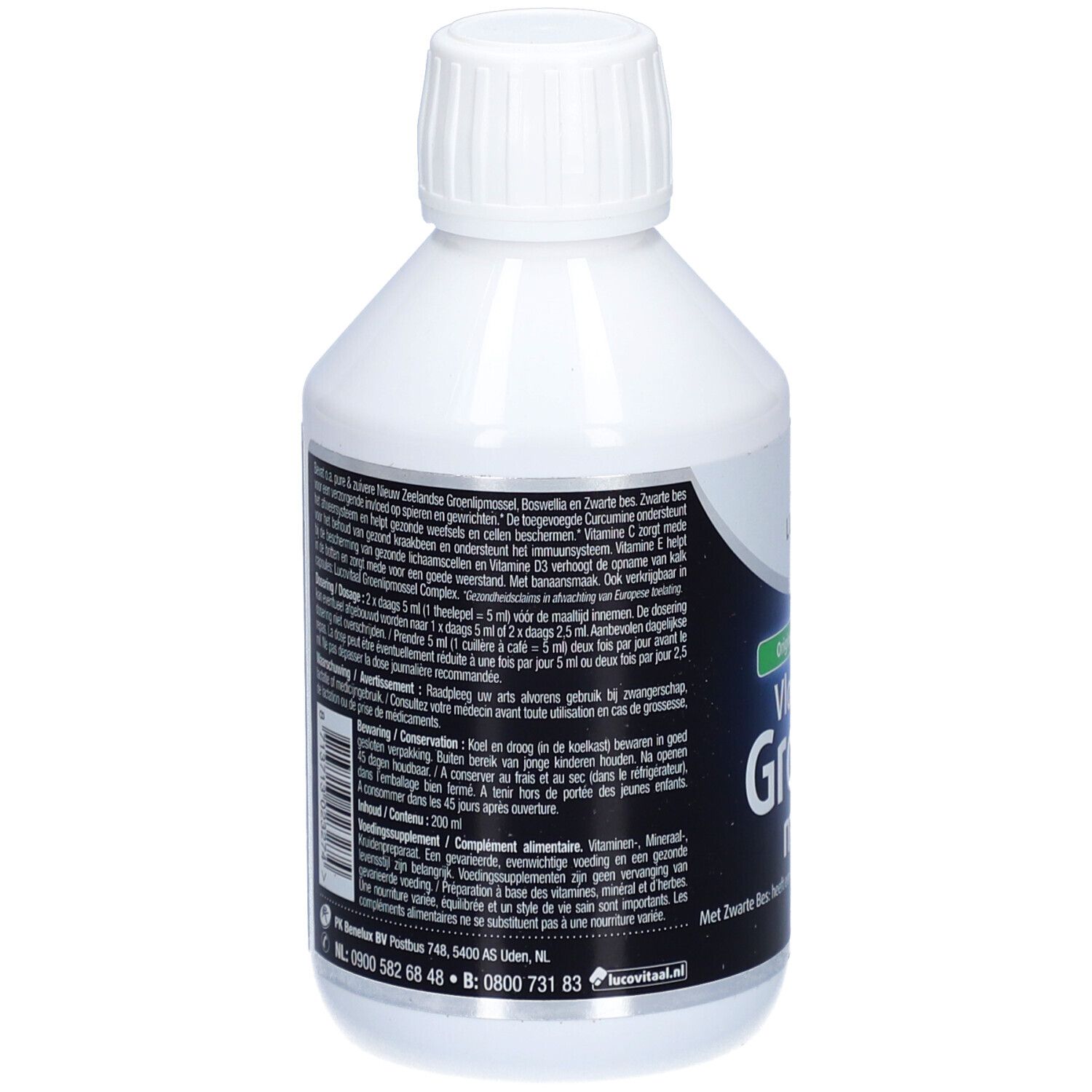 Bouteille blanche avec étiquette. Contient des informations sur Lucovitaal® Vloeibare Groenlipmossel. Texte en néerlandais.