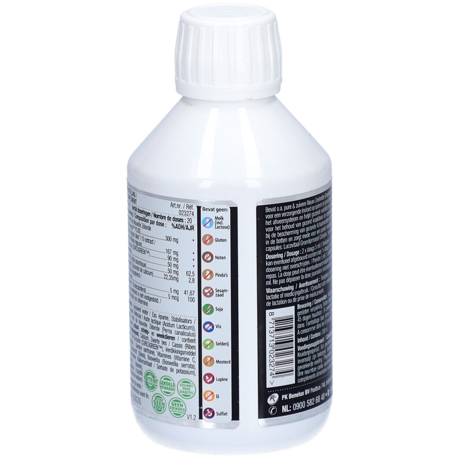 Dos d'une bouteille blanche avec étiquette. Contient des informations sur Lucovitaal® Vloeibare Groenlipmossel. Texte en néerlandais.