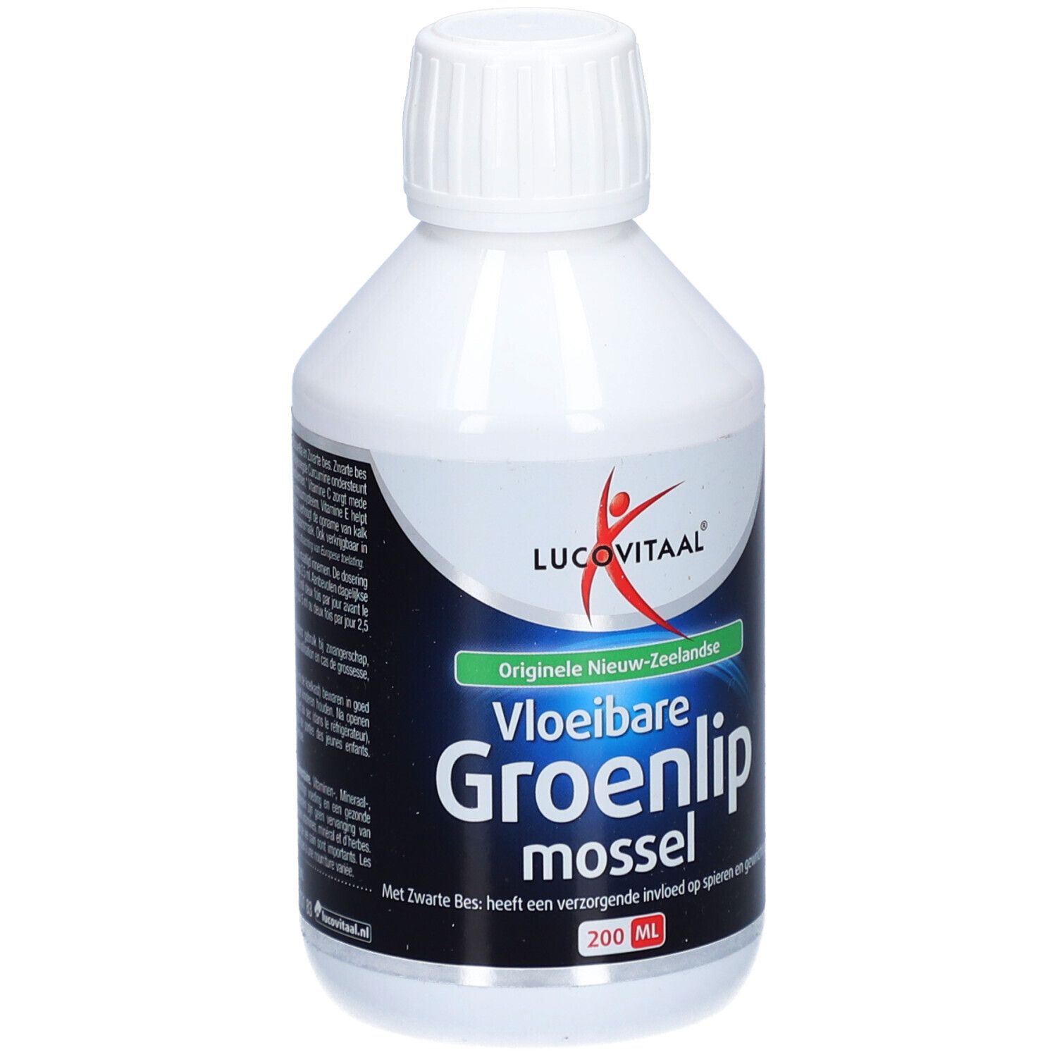Bouteille blanche avec étiquette verte. Contient Lucovitaal® Vloeibare Groenlipmossel. 200 ml.