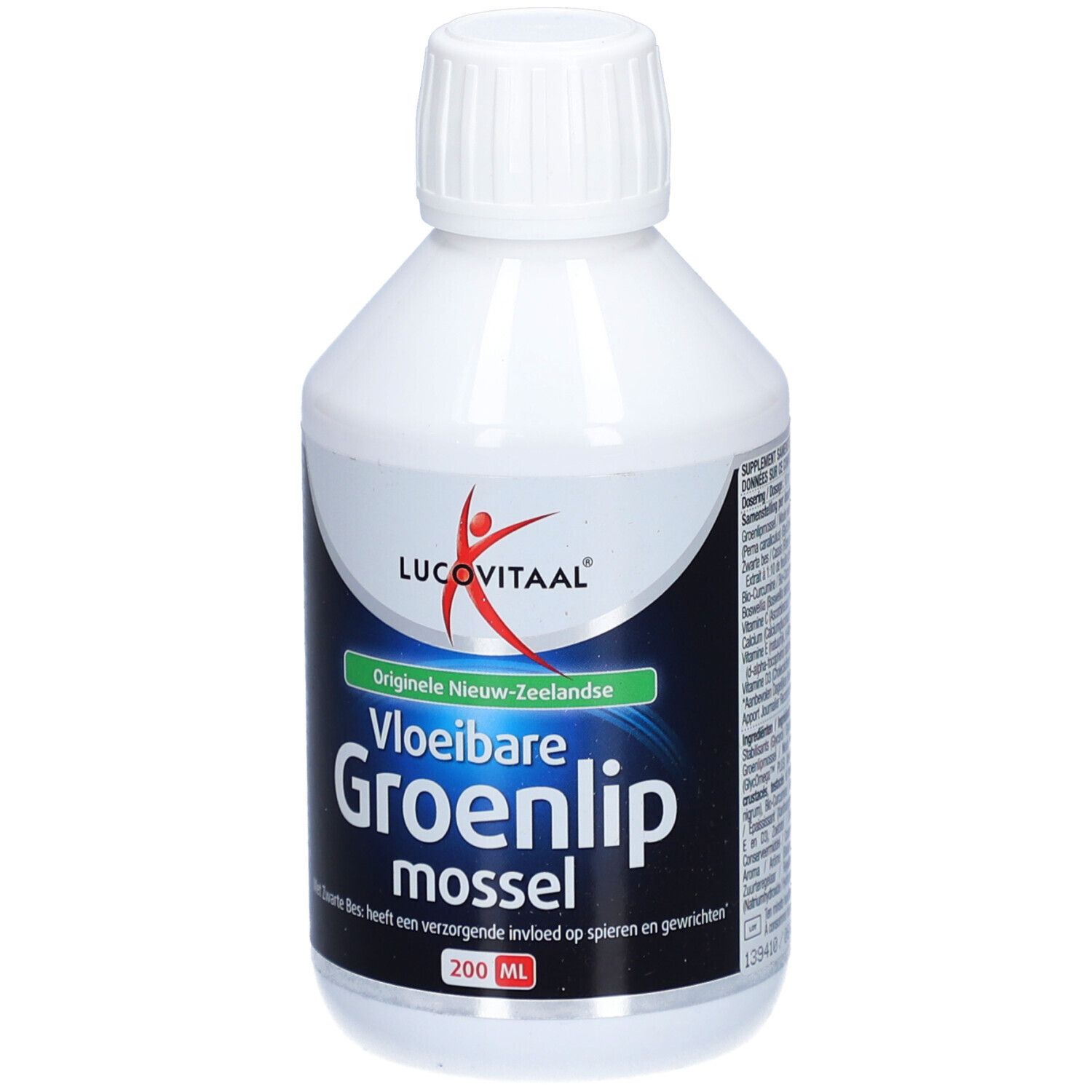 Bouteille blanche avec étiquette verte. Contient Lucovitaal® Vloeibare Groenlipmossel. 200 ml.
