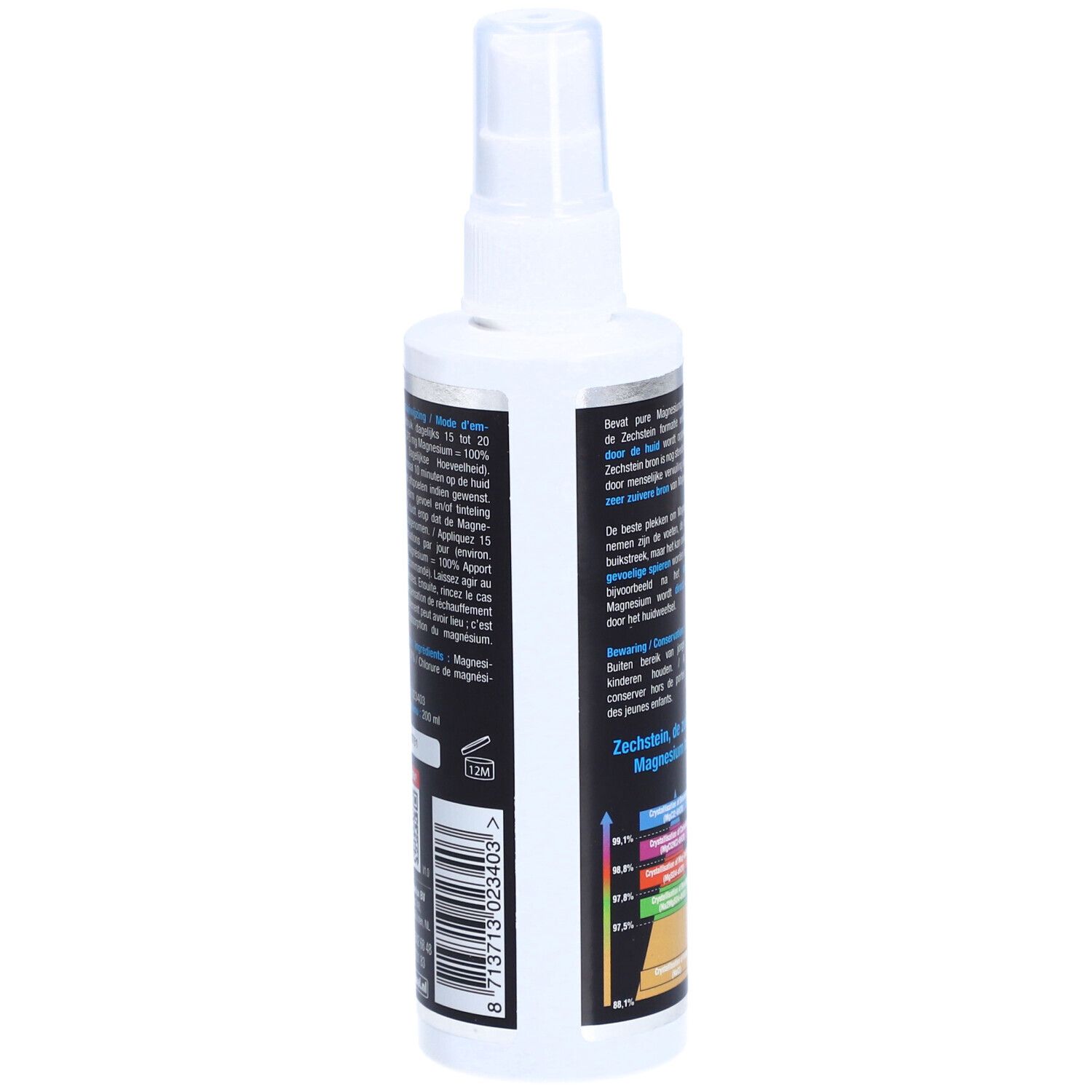 Achterkant van een witte sprayfles. Tekst in het Nederlands. Bevat 'Magnesium spierolie'. Met sproeikop.