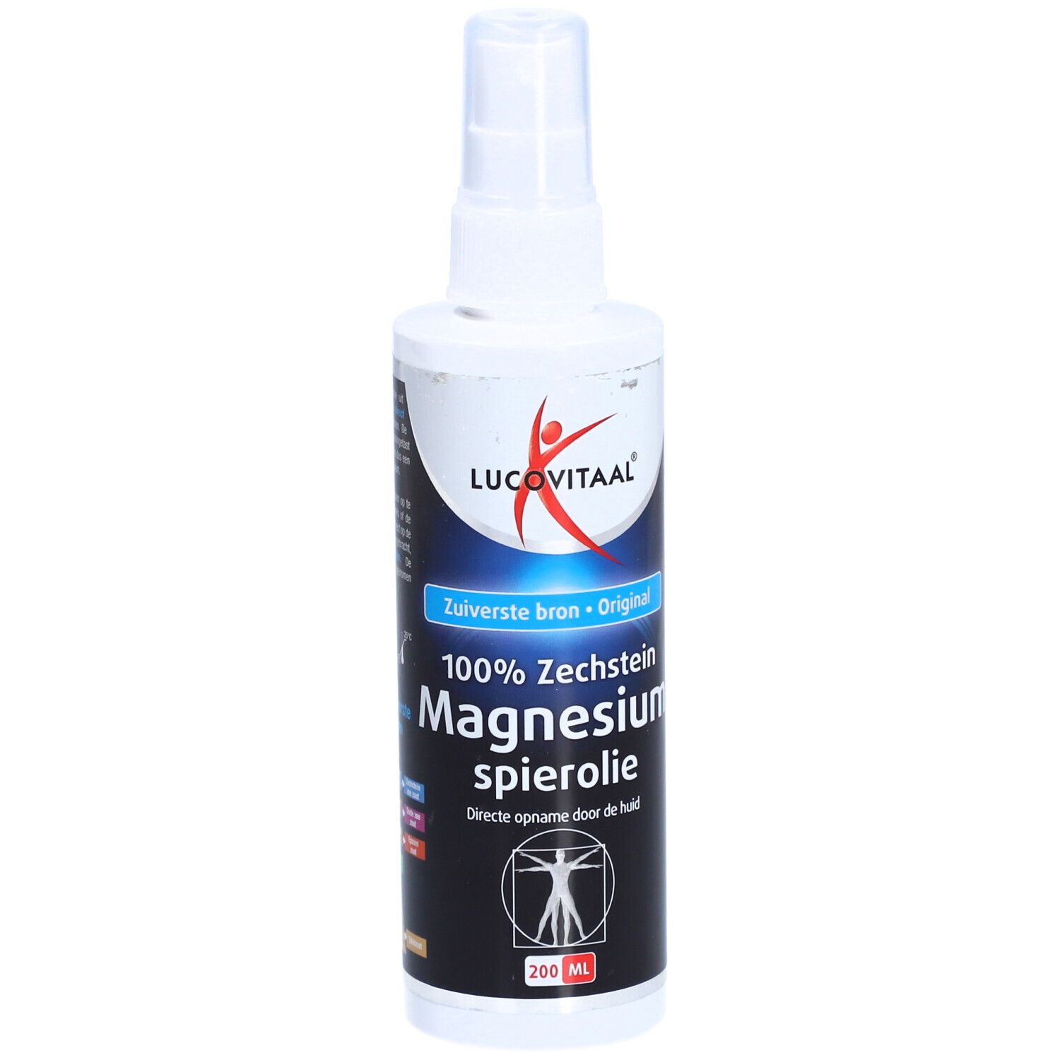Witte sprayfles met 'Lucovitaal'. Bevat Magnesium spierolie. Met sproeikop.