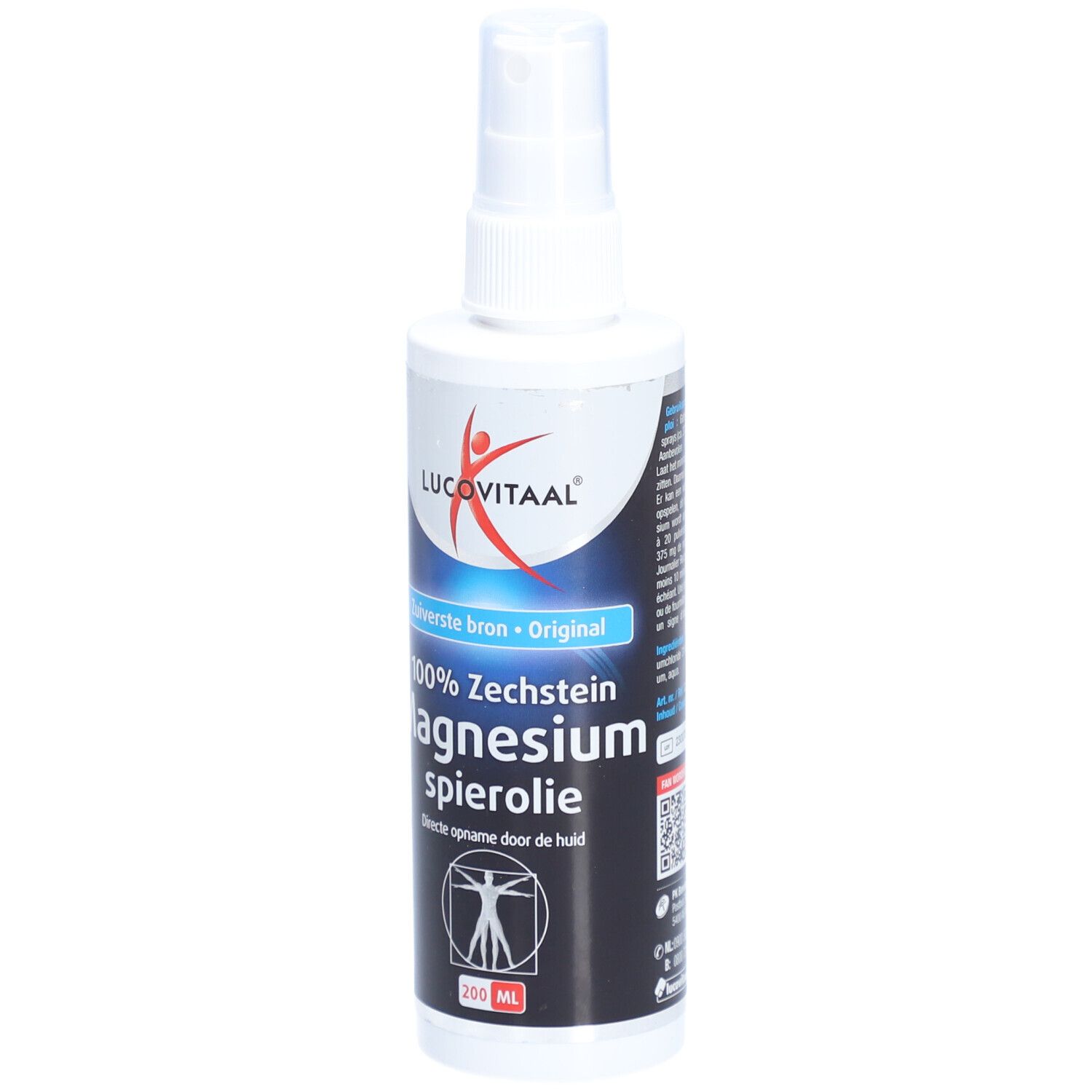 Witte sprayfles met 'Lucovitaal'. Bevat Magnesium spierolie. Met sproeikop.