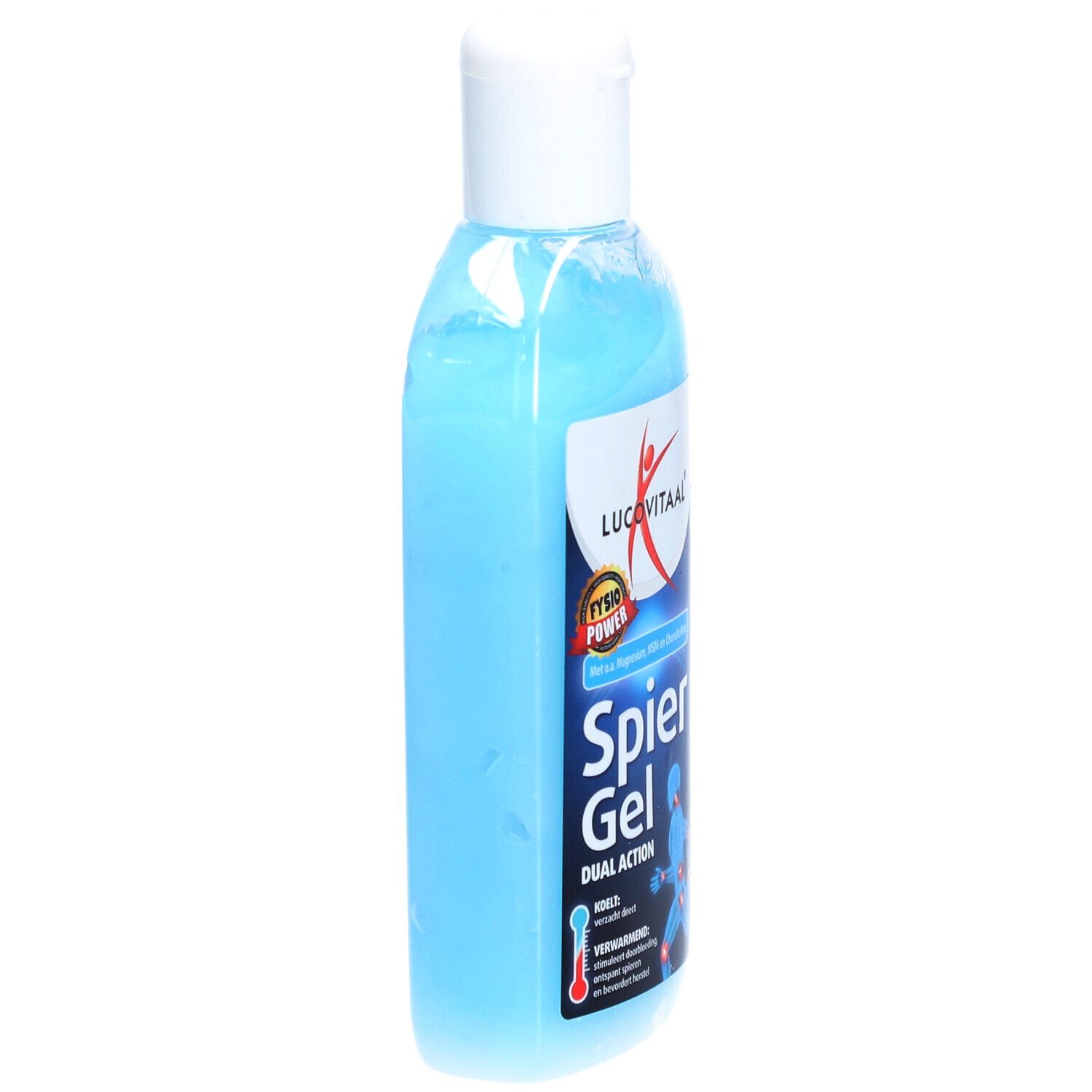 Blaues Gel in einer Flasche mit weißem Deckel. Auf dem Etikett steht "Lucovitaal", "Spier Gel".