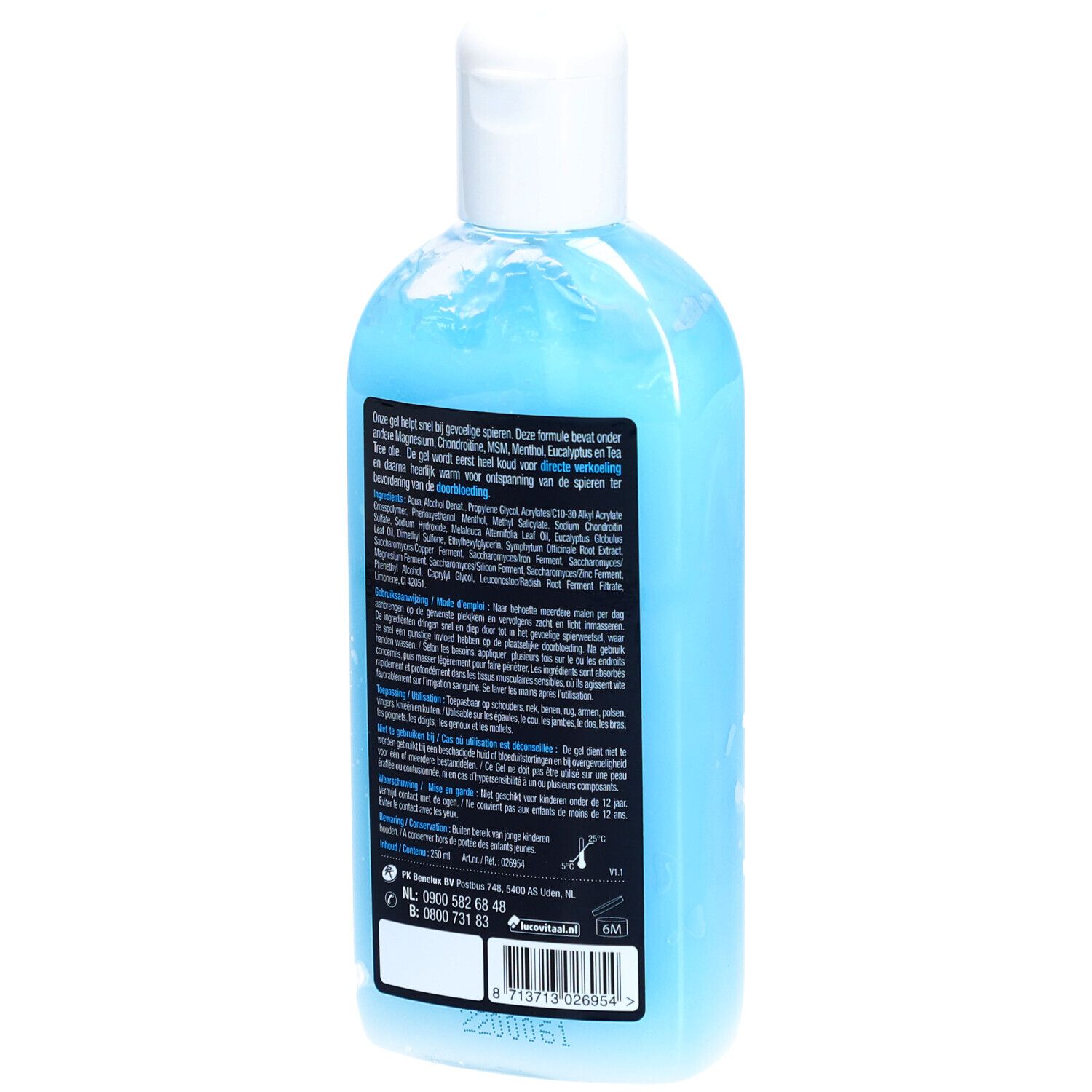 Rückseite einer Flasche mit blauem Gel und weißem Deckel. Text auf dem Etikett.