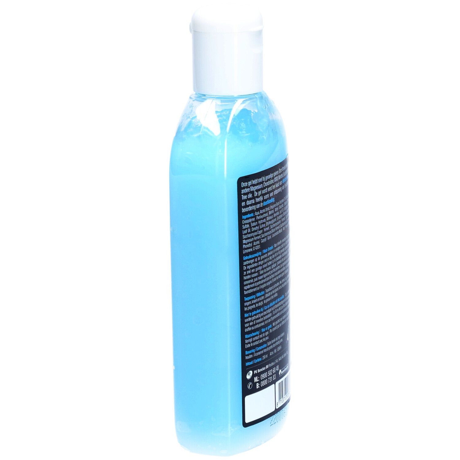 Seite einer Flasche mit blauem Gel und weißem Deckel. Text auf dem Etikett.