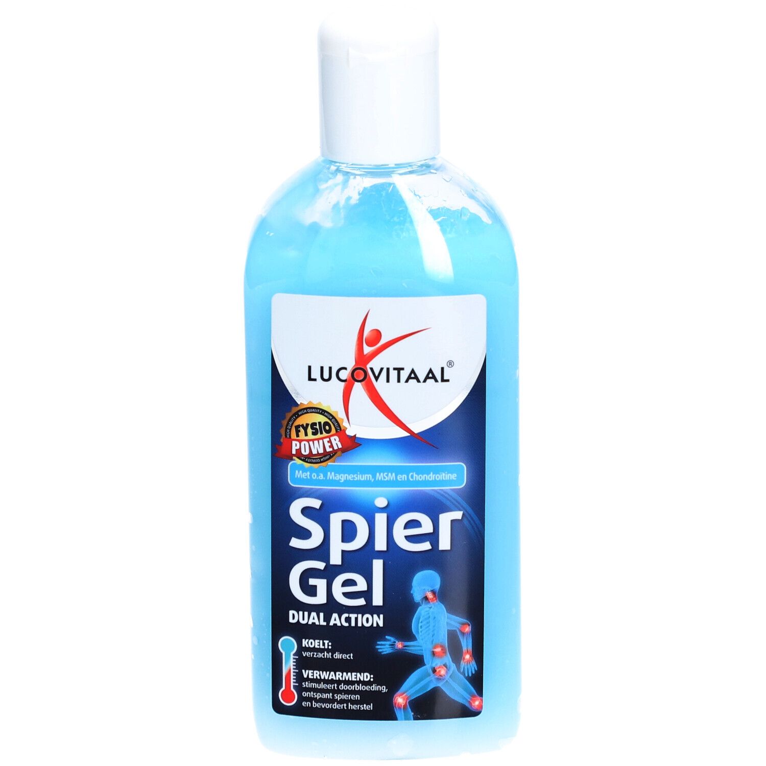 Blaues Gel in einer Flasche mit weißem Deckel. Auf dem Etikett steht "Lucovitaal", "Spier Gel" und eine Abbildung eines Körpers.