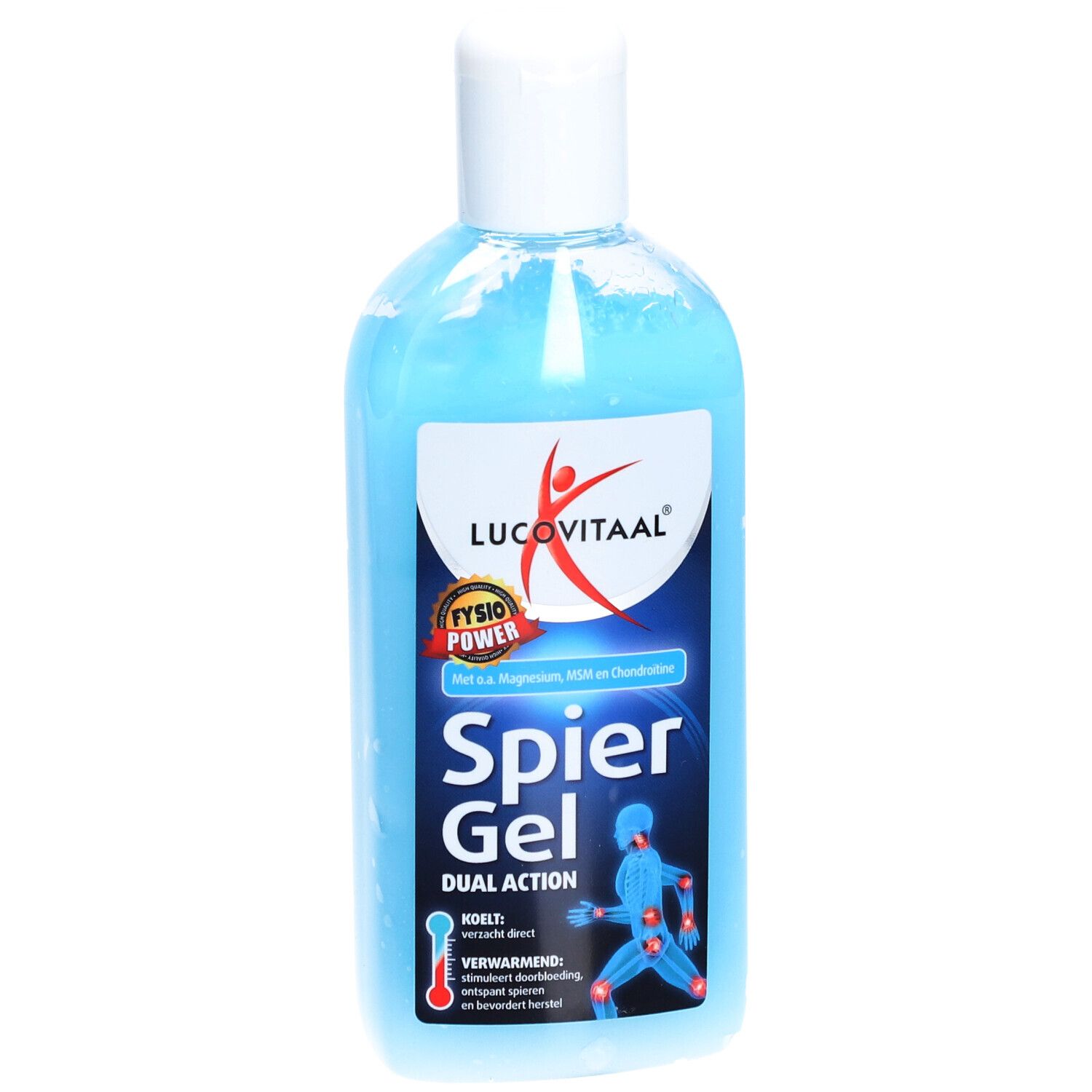 Blaues Gel in einer Flasche mit weißem Deckel. Auf dem Etikett steht "Lucovitaal", "Spier Gel" und eine Abbildung eines Körpers.