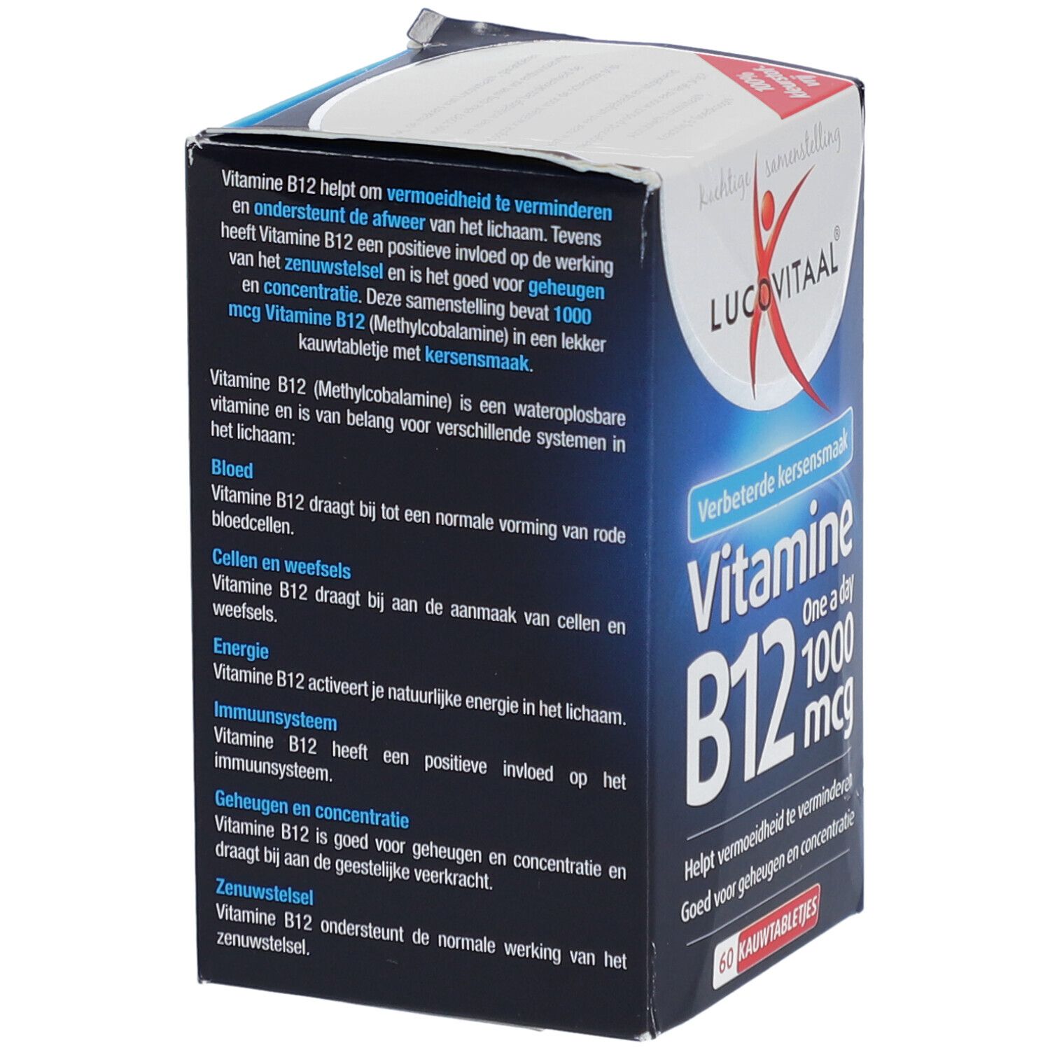 Dos de l'emballage de Vitamine B12. Informations textuelles sur les effets et les ingrédients. Contient 60 comprimés à mâcher.