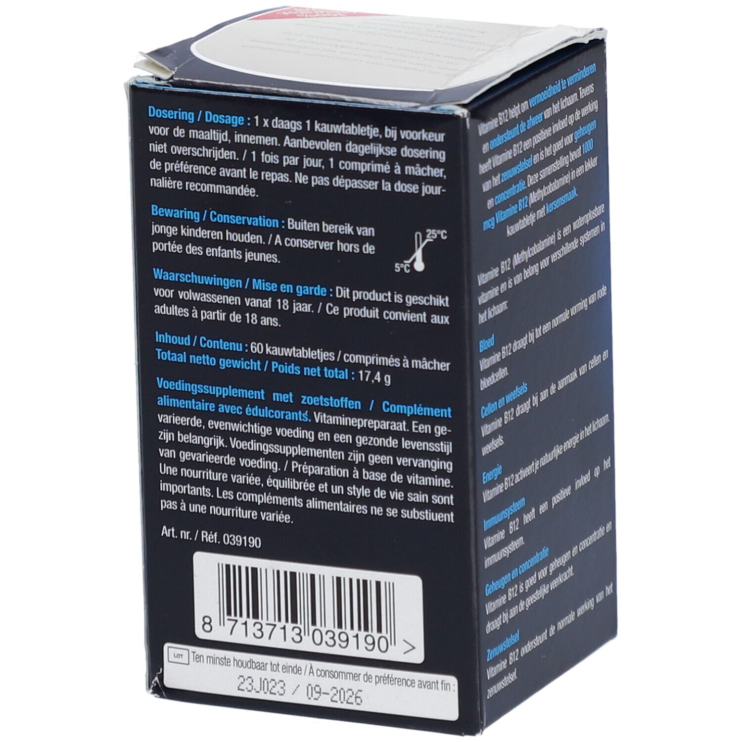 Dos de l'emballage de Vitamine B12. Informations sur le dosage, les ingrédients et les avertissements. Contient 60 comprimés à mâcher.