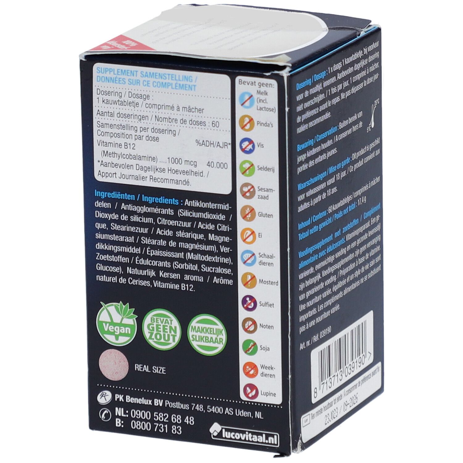 Vue détaillée de l'emballage de Vitamine B12. Contient des informations sur les ingrédients et les allergènes. 60 comprimés à mâcher.