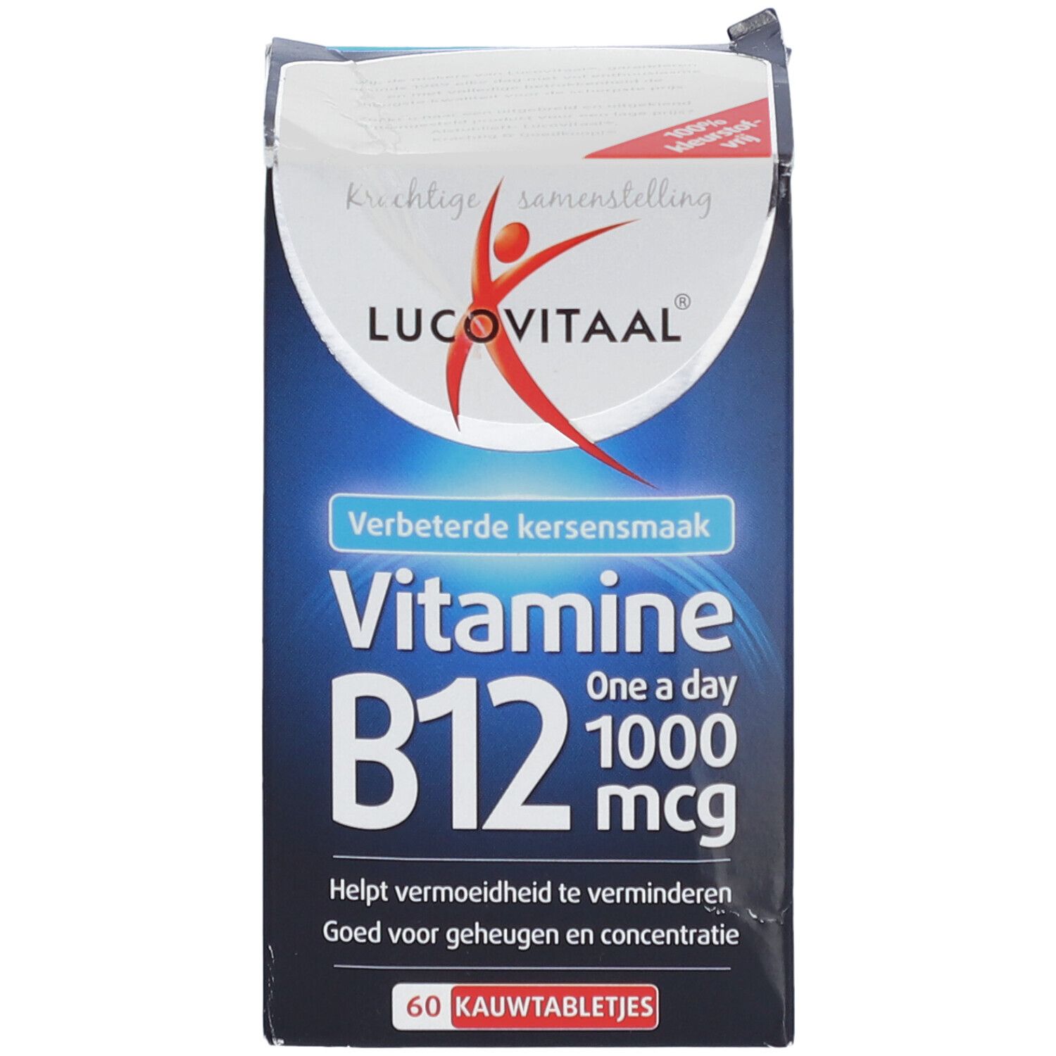 Emballage de Vitamine B12. Boîte bleue avec logo et informations sur le produit. Contient 60 comprimés à mâcher.
