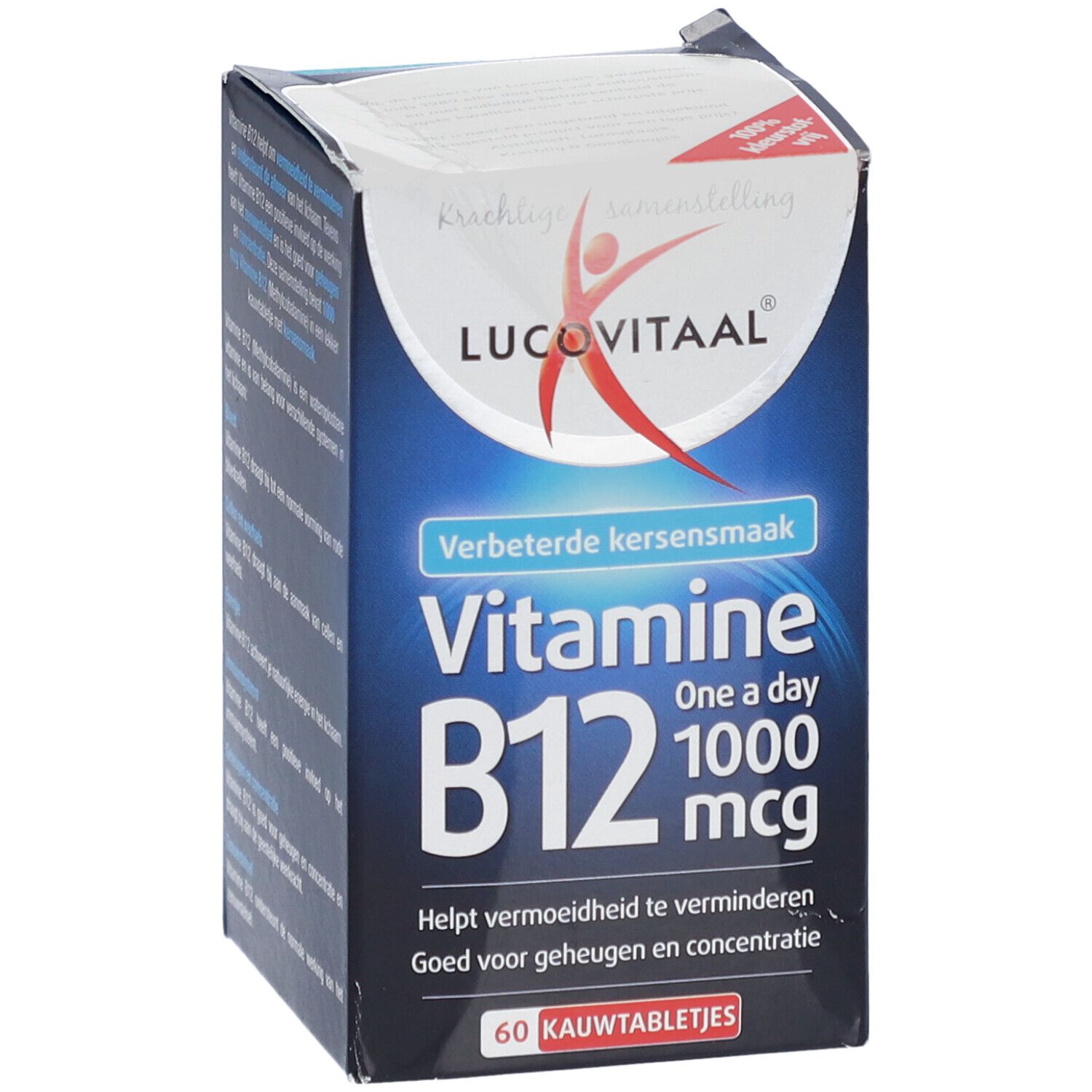 Emballage de Vitamine B12. Boîte bleue avec logo et informations sur le produit. Contient 60 comprimés à mâcher.