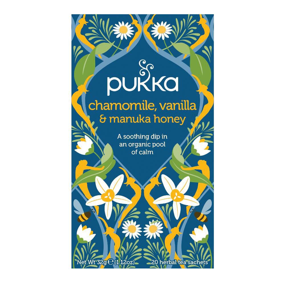 Pukka kamille, vanille & manuka honing. Blauwe verpakking met bloemmotief, tekst en logo. 20 theezakjes.