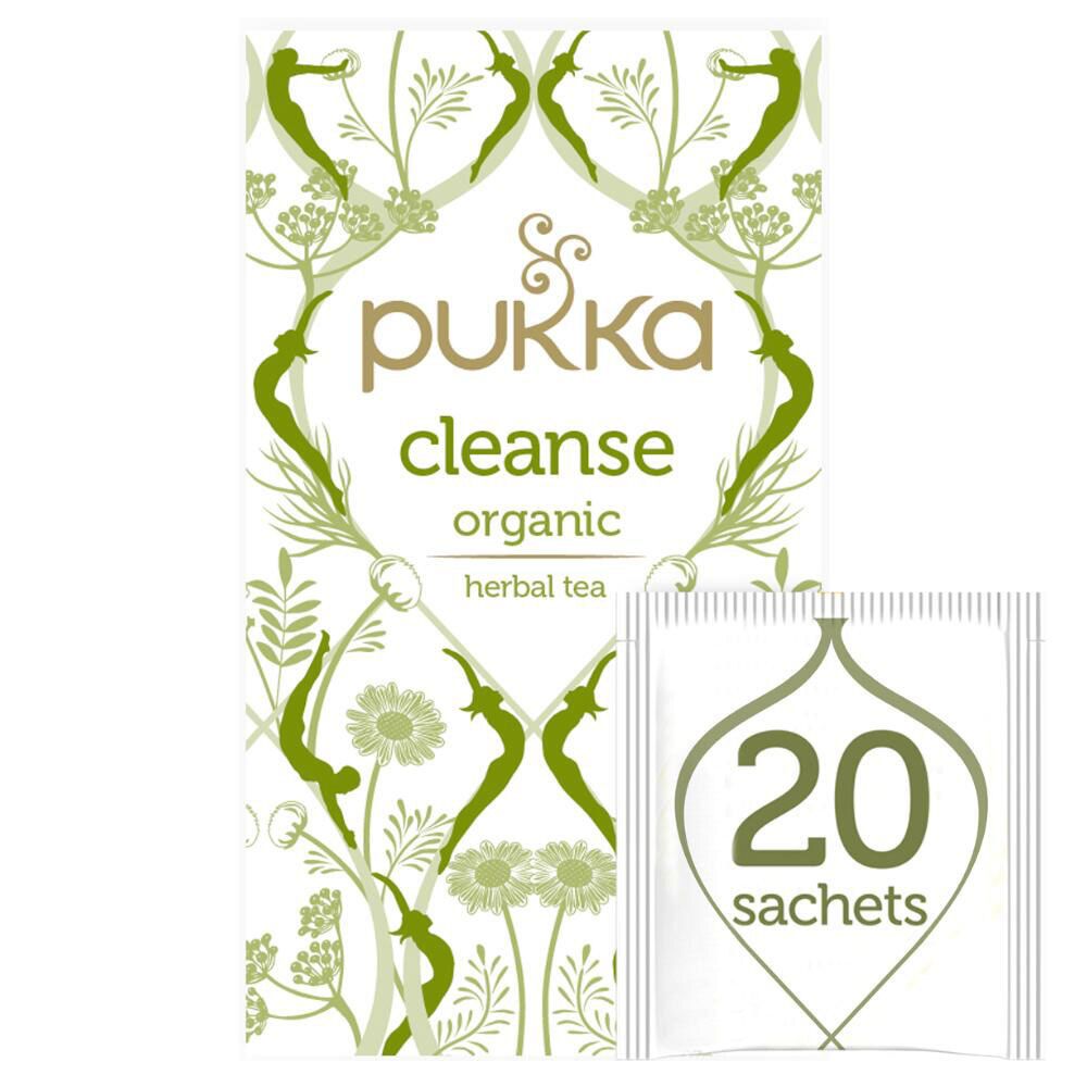 Boîte de thé Pukka Cleanse avec 20 sachets. Emballage blanc et vert avec motif floral et nom du produit.