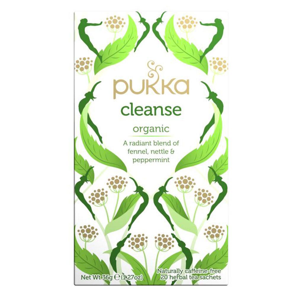 Boîte de thé Pukka Cleanse. Boîte blanche avec motif floral vert. Contient 20 sachets de thé.
