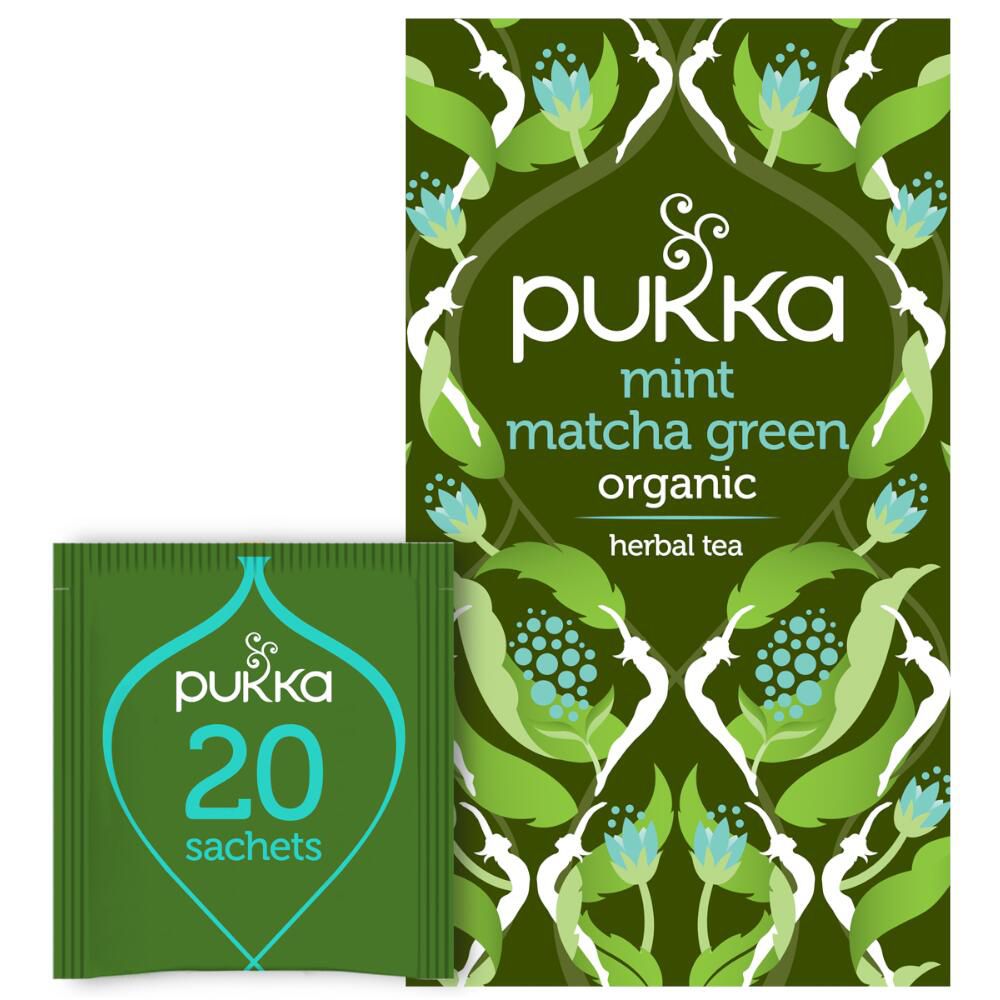 Groene theezakje en doos. Opschrift: Pukka, Mint Matcha Green, Organic. 20 zakjes.