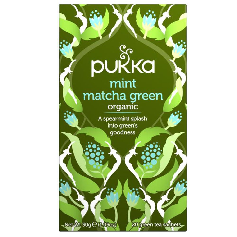 Groene doos Pukka Mint Matcha Green Organic. 20 groene theezakjes. Bloemenpatroon.