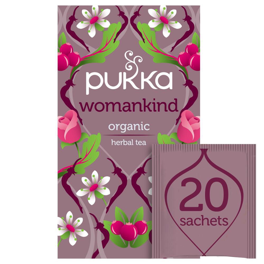 Pukka WomanKind kruidenthee. Verpakking met bloemen. 20 zakjes. Individueel zakje met 20 zakjes.