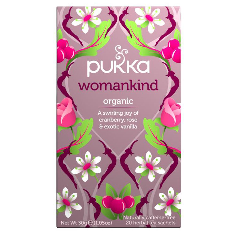 Pukka WomanKind kruidenthee. Doos met bloemen. 20 zakjes. Cafeïnevrij.