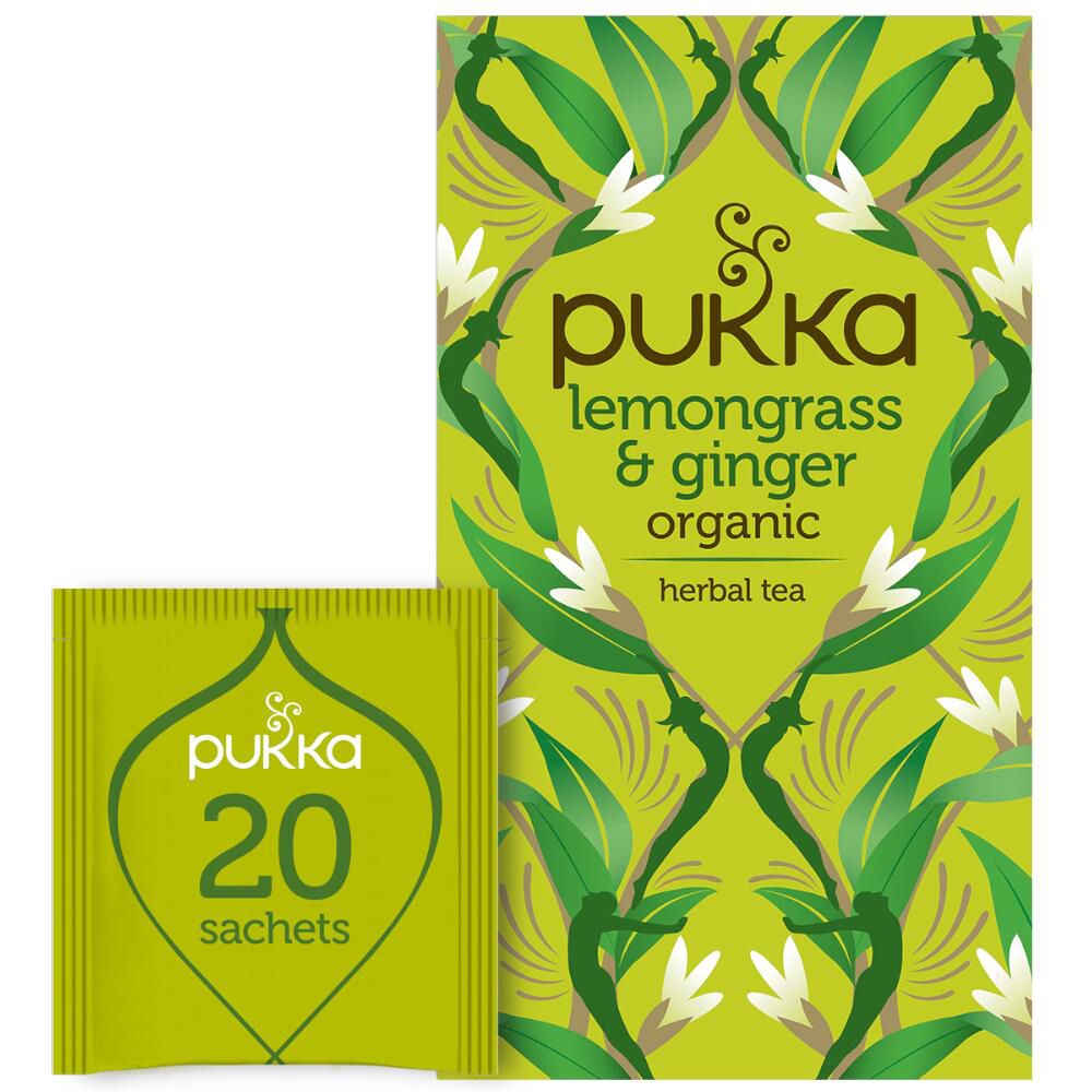 Boîte et sachet de thé Pukka. Inscription : Citronnelle & Gingembre, 20 sachets.