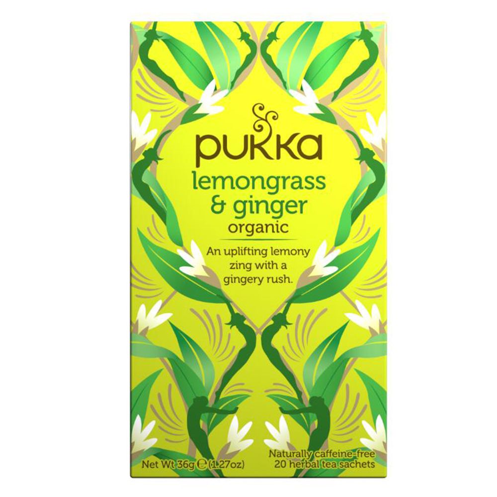 Boîte de thé Pukka. Inscription : Citronnelle & Gingembre, 20 sachets, bio.