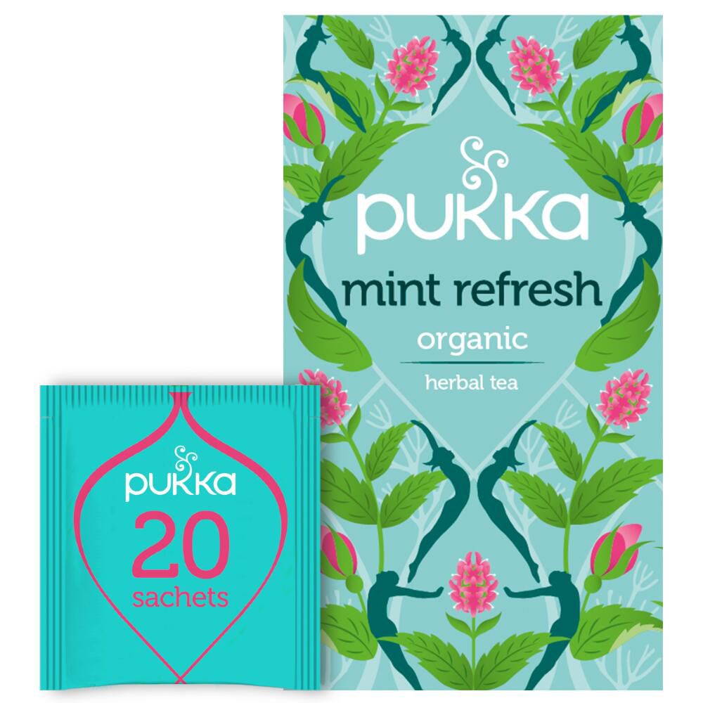 Sachet et boîte turquoise Pukka "Mint Refresh". 20 sachets de thé. Logo Pukka et décor floral.
