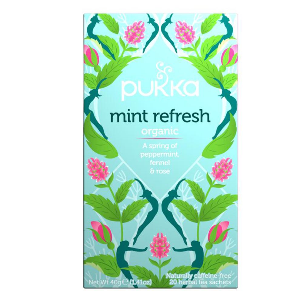 Boîte turquoise Pukka "Mint Refresh" avec décor floral. 20 sachets de thé. Inscription "organic".