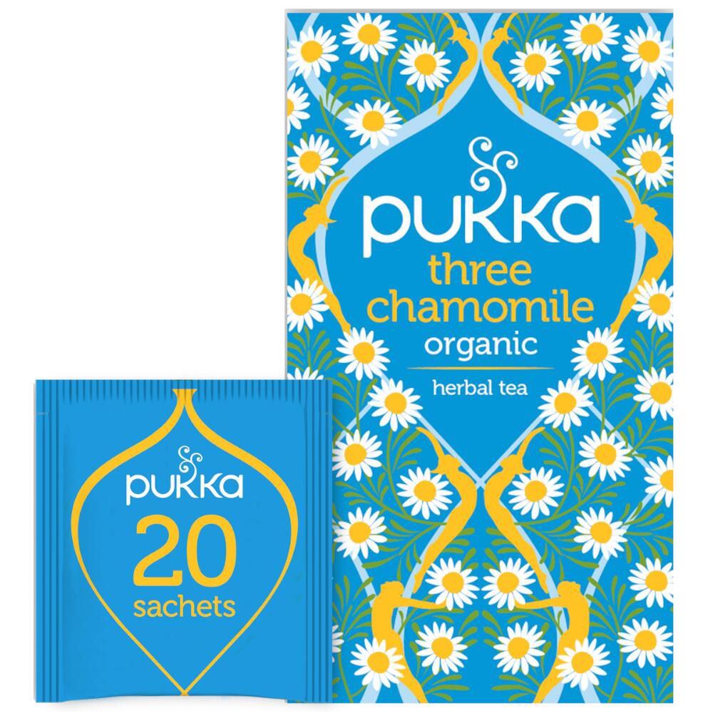 Boîte et sachet bleus avec logo Pukka et 'Three Chamomile'. 20 sachets.