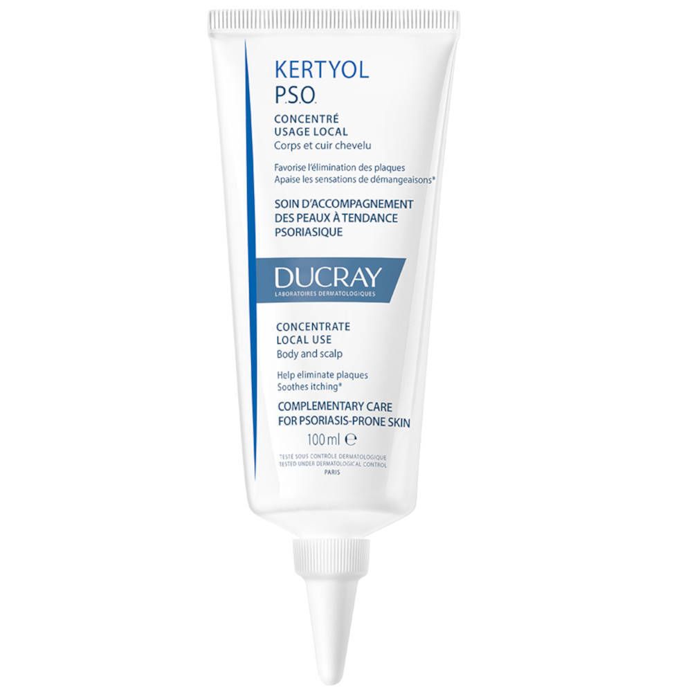 Tube blanche avec embout. Texte : Kertyol PSO, Concentré, Ducray. Pour corps et cuir chevelu.