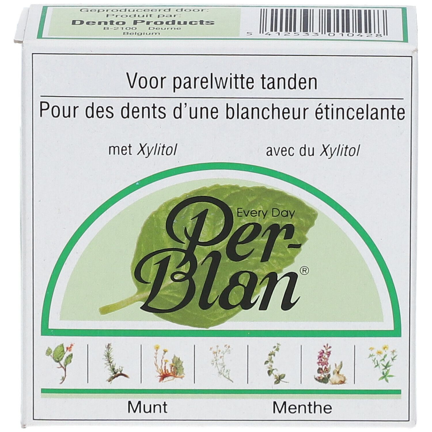 Boîte de poudre dentifrice Per-Blan. Texte: 'Pour des dents d'une blancheur étincelante'. 'Munt' et 'Menthe'. Logo. Nom du produit.