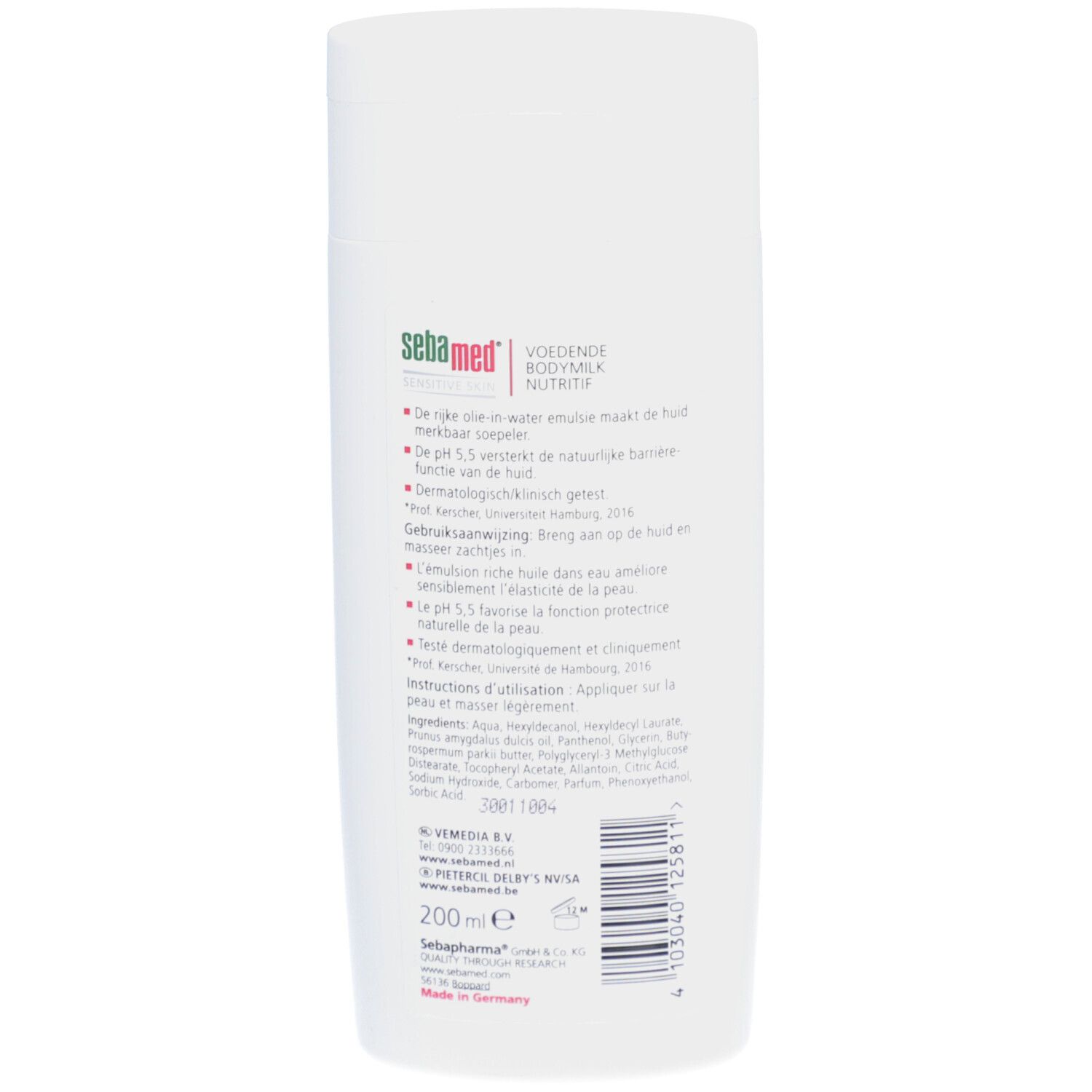 Witte fles met groene en zwarte tekst. Tekst: sebamed, Bodymilk, 200ml. Productinformatie op de achterkant.