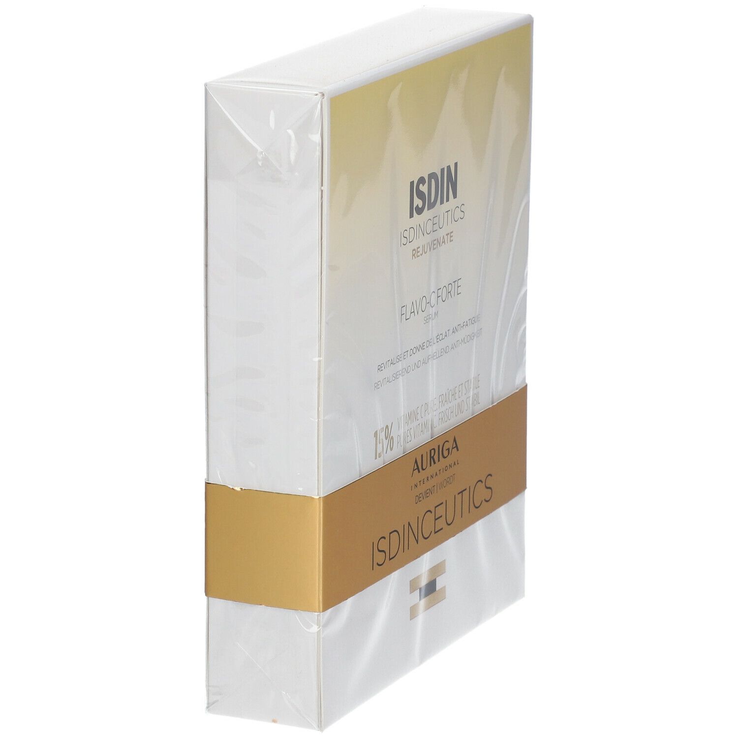 Zijaanzicht van de ISDINCEUTICS Flavo-C Forte Serum verpakking. Witte doos met gouden band. Transparante folie.