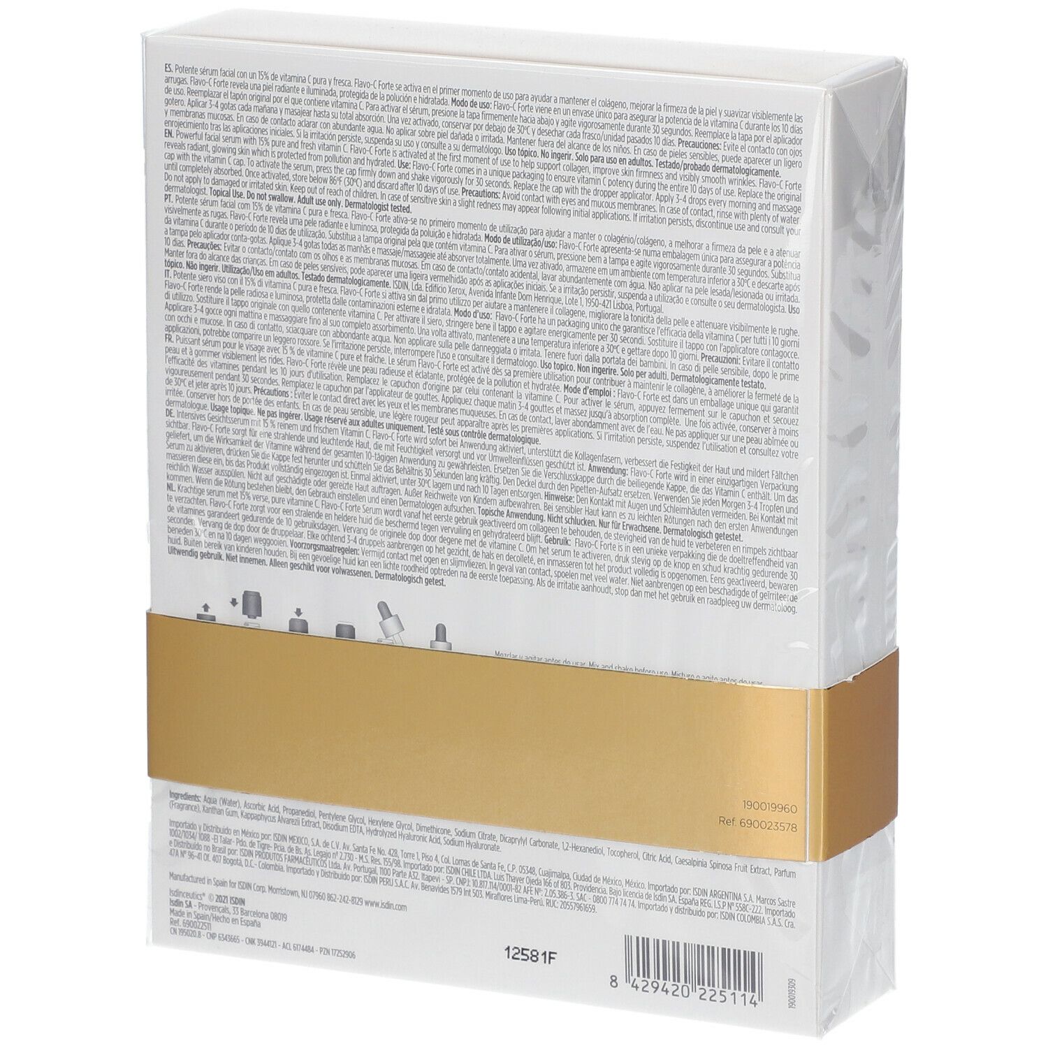 Achterkant van de ISDINCEUTICS Flavo-C Forte Serum verpakking. Witte doos met tekst en productinformatie. Transparante folie.