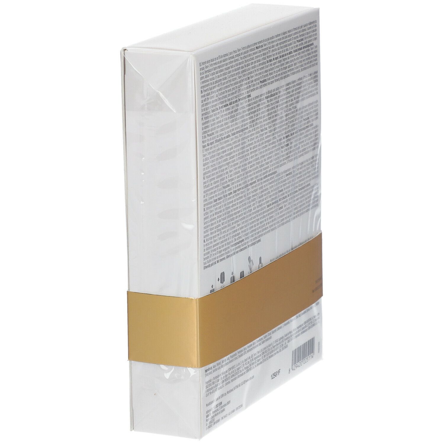 Zijaanzicht van de ISDINCEUTICS Flavo-C Forte Serum verpakking. Witte doos met tekst. Gouden band. Transparante folie.
