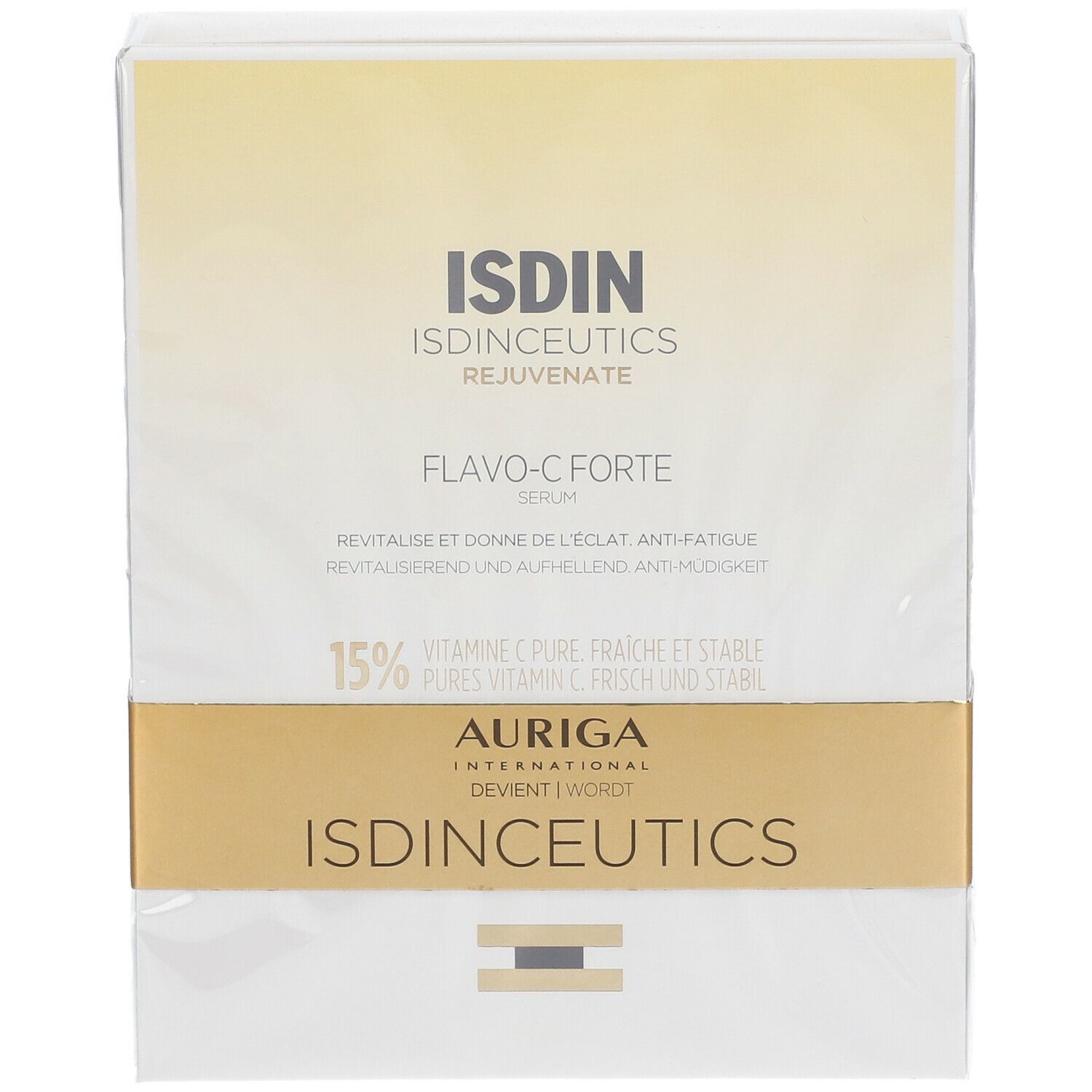 Vooraanzicht van de ISDINCEUTICS Flavo-C Forte Serum verpakking. Witte doos met gouden band en productinformatie. Transparante folie.