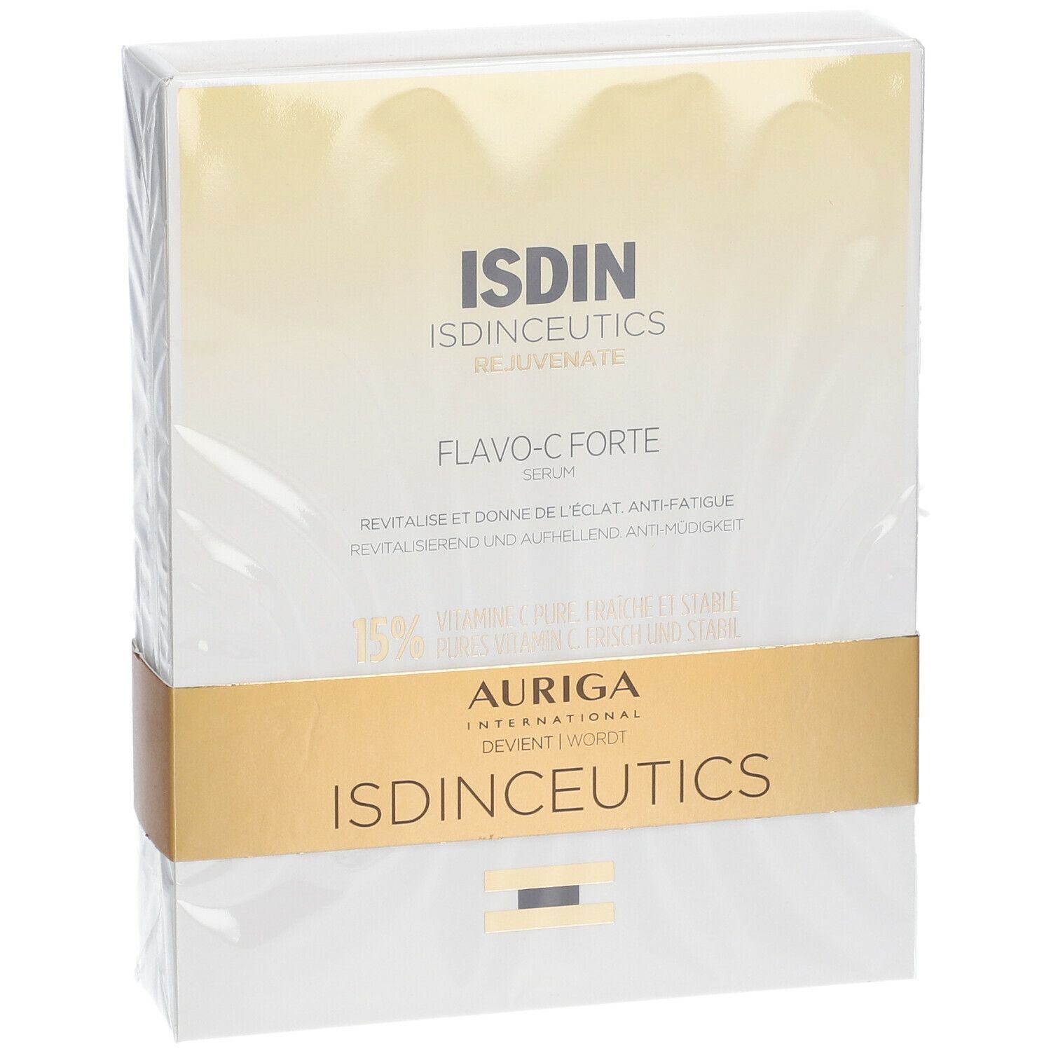 Vooraanzicht van de ISDINCEUTICS Flavo-C Forte Serum verpakking. Witte doos met gouden band en productinformatie. Transparante folie.