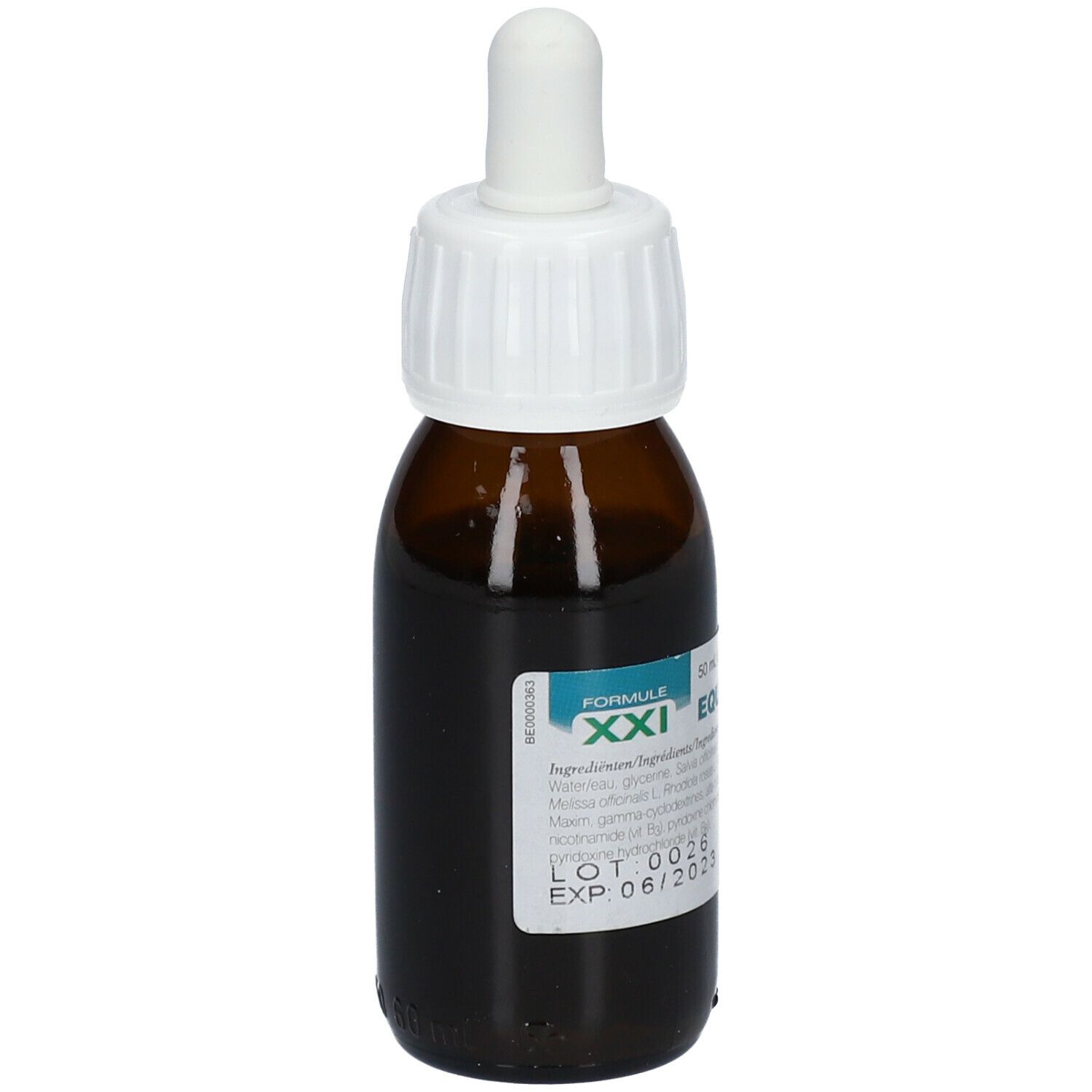 Flacon en verre brun avec bouchon blanc et compte-gouttes. Étiquette avec informations produit. Marque : Soria Natural. Numéro de lot et date d'expiration.