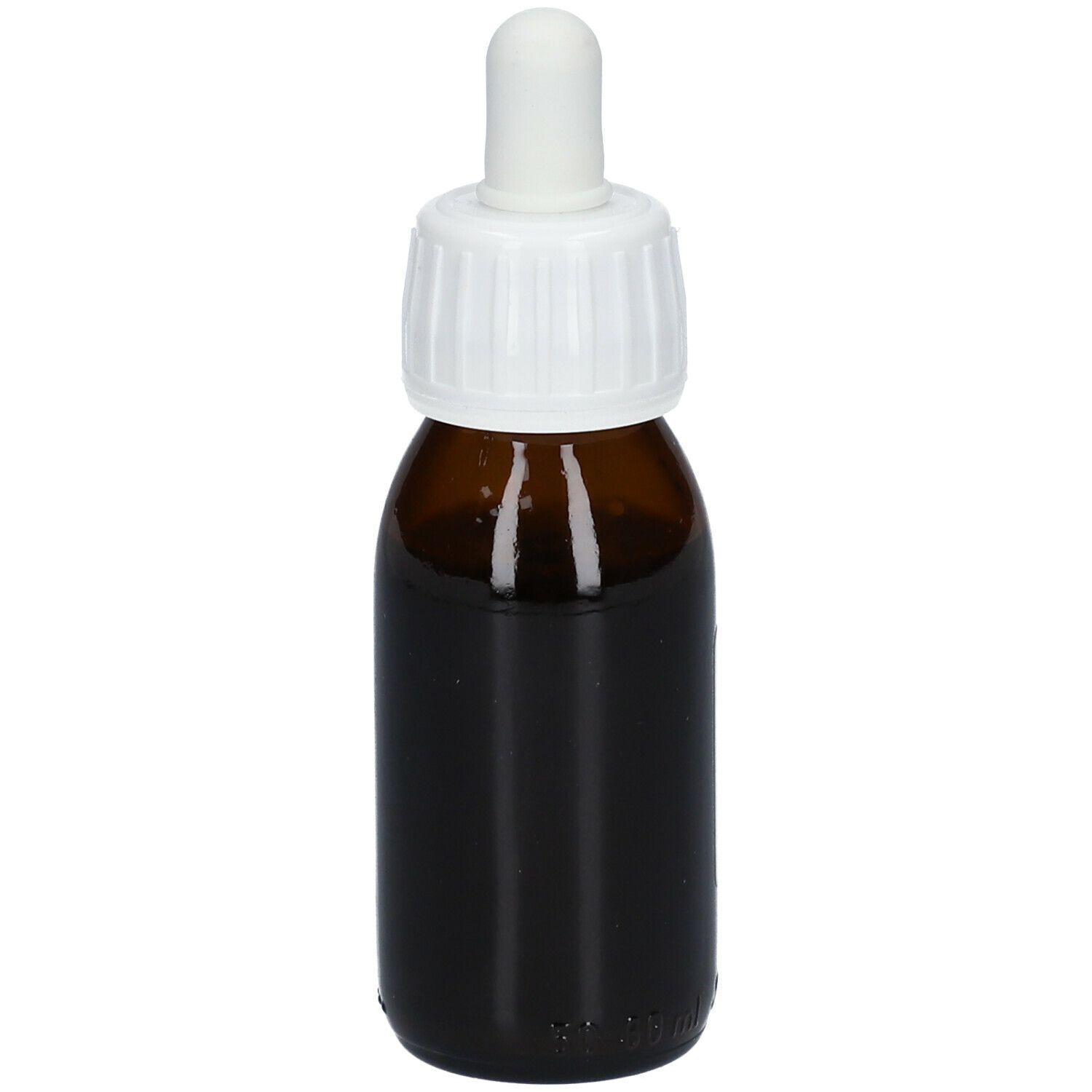 Flacon en verre brun avec bouchon blanc et compte-gouttes. Étiquette avec informations produit. Marque : Soria Natural.