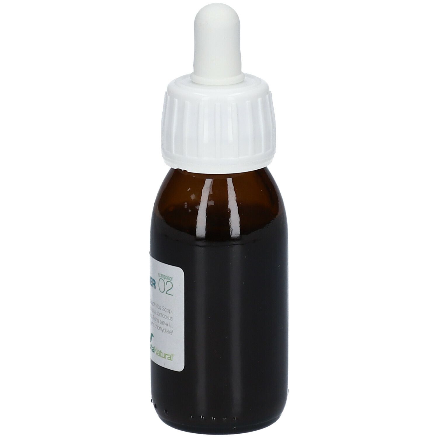Flacon en verre brun avec bouchon blanc et compte-gouttes. Étiquette avec informations produit. Marque : Soria Natural.